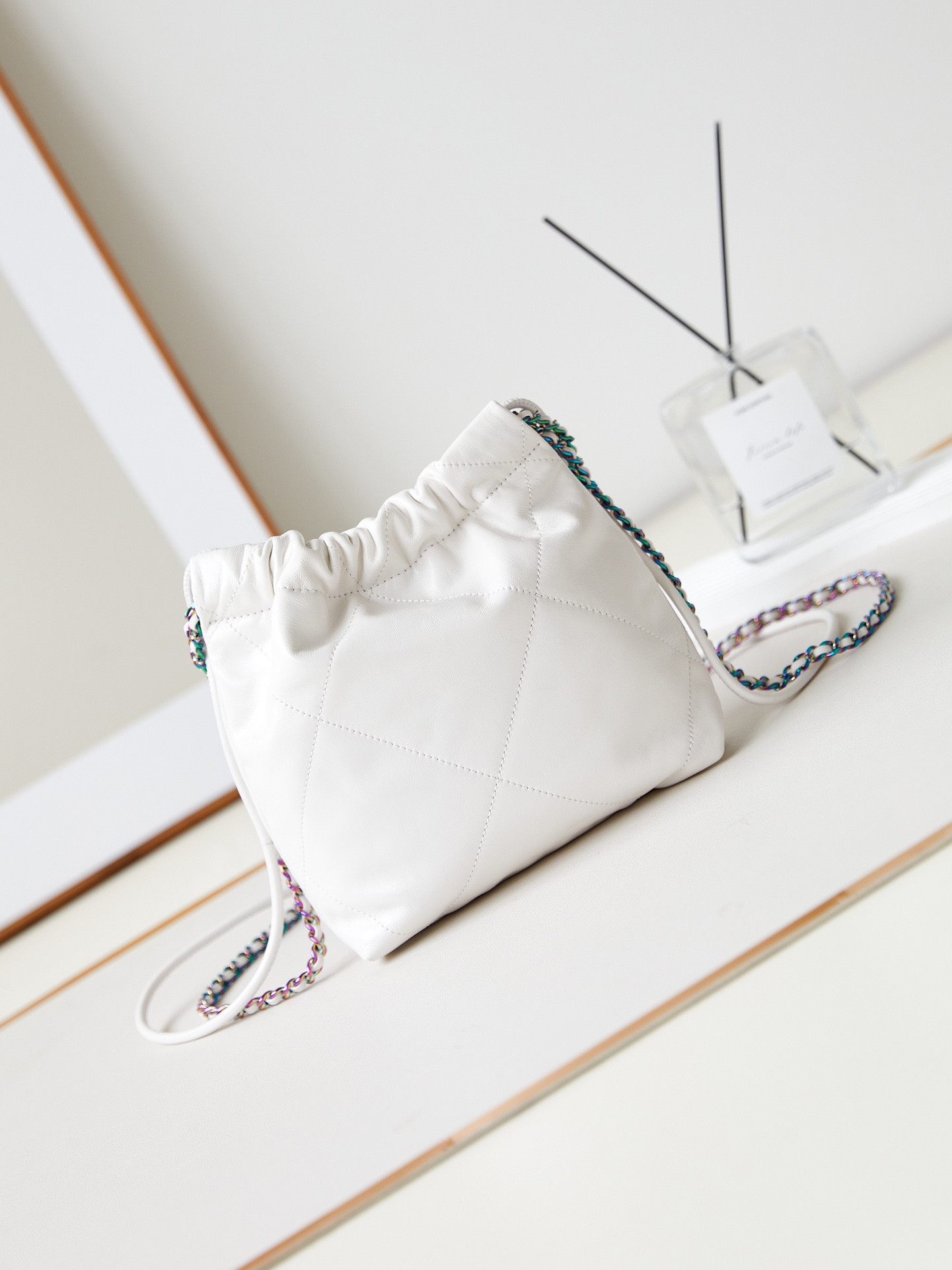 Ch**el 22 MINI HANDBAG Shiny Calfskin & Rainbow Metal White 7.8 × 7.4 × 2.3 in