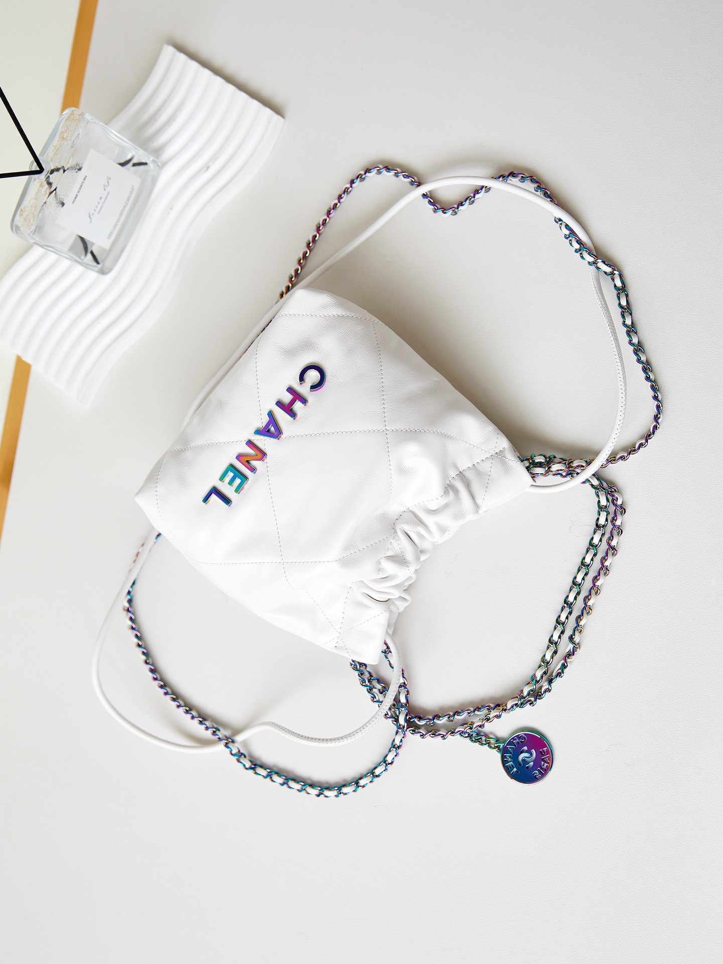 Ch**el 22 MINI HANDBAG Shiny Calfskin & Rainbow Metal White 7.8 × 7.4 × 2.3 in