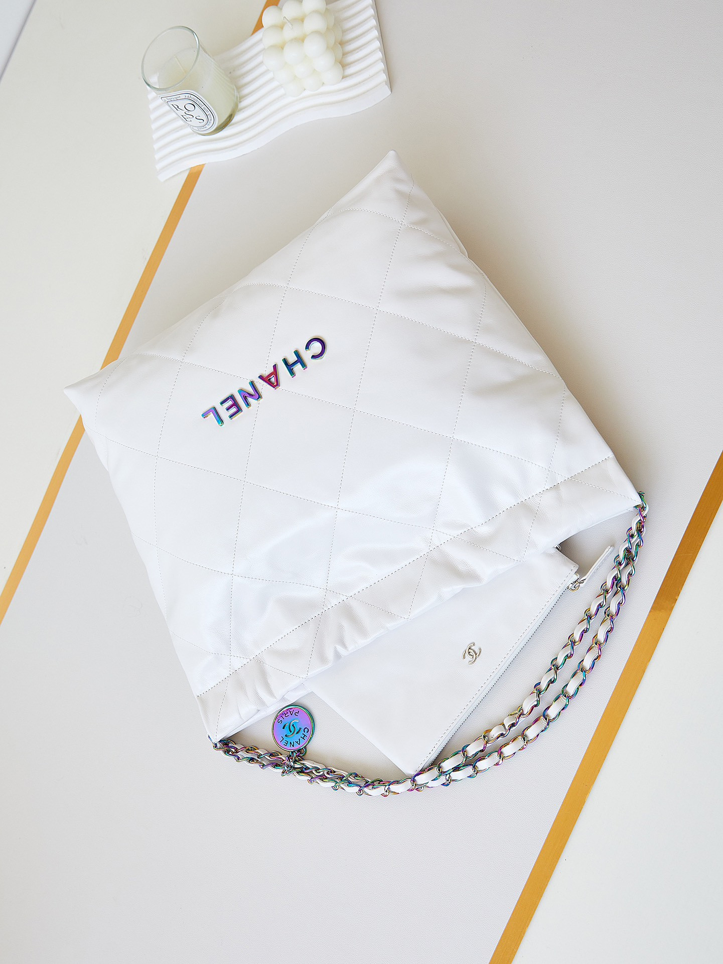 Ch**el 22 SMALL HANDBAG Shiny Calfskin & Rainbow Metal White 15.2×16.4×3.1 in