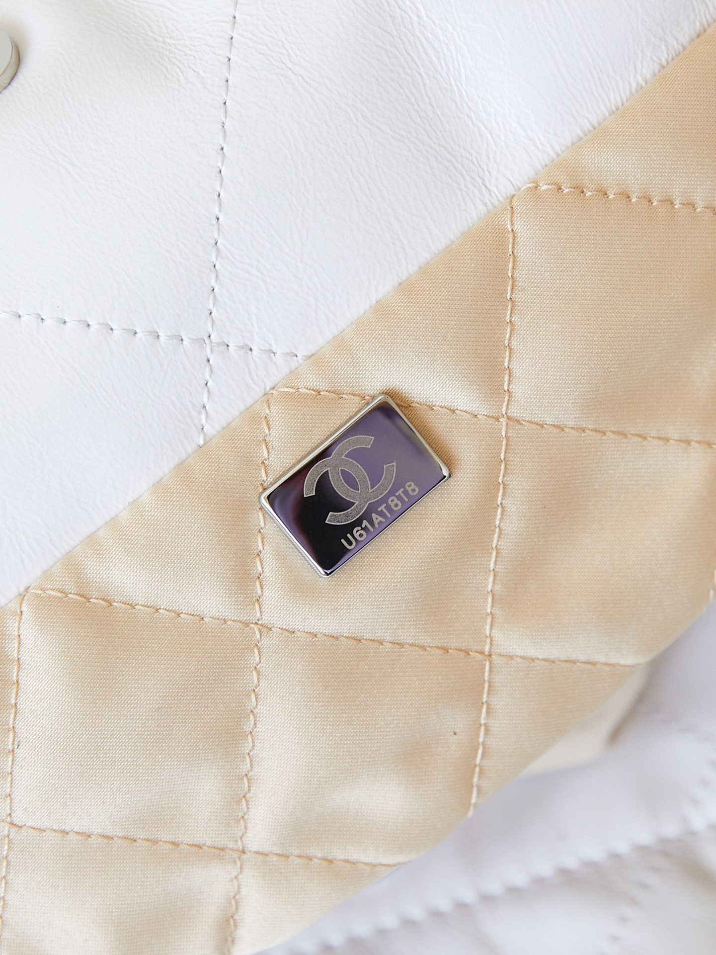 Ch**el 22 SMALL HANDBAG Shiny Calfskin & Rainbow Metal White 15.2×16.4×3.1 in