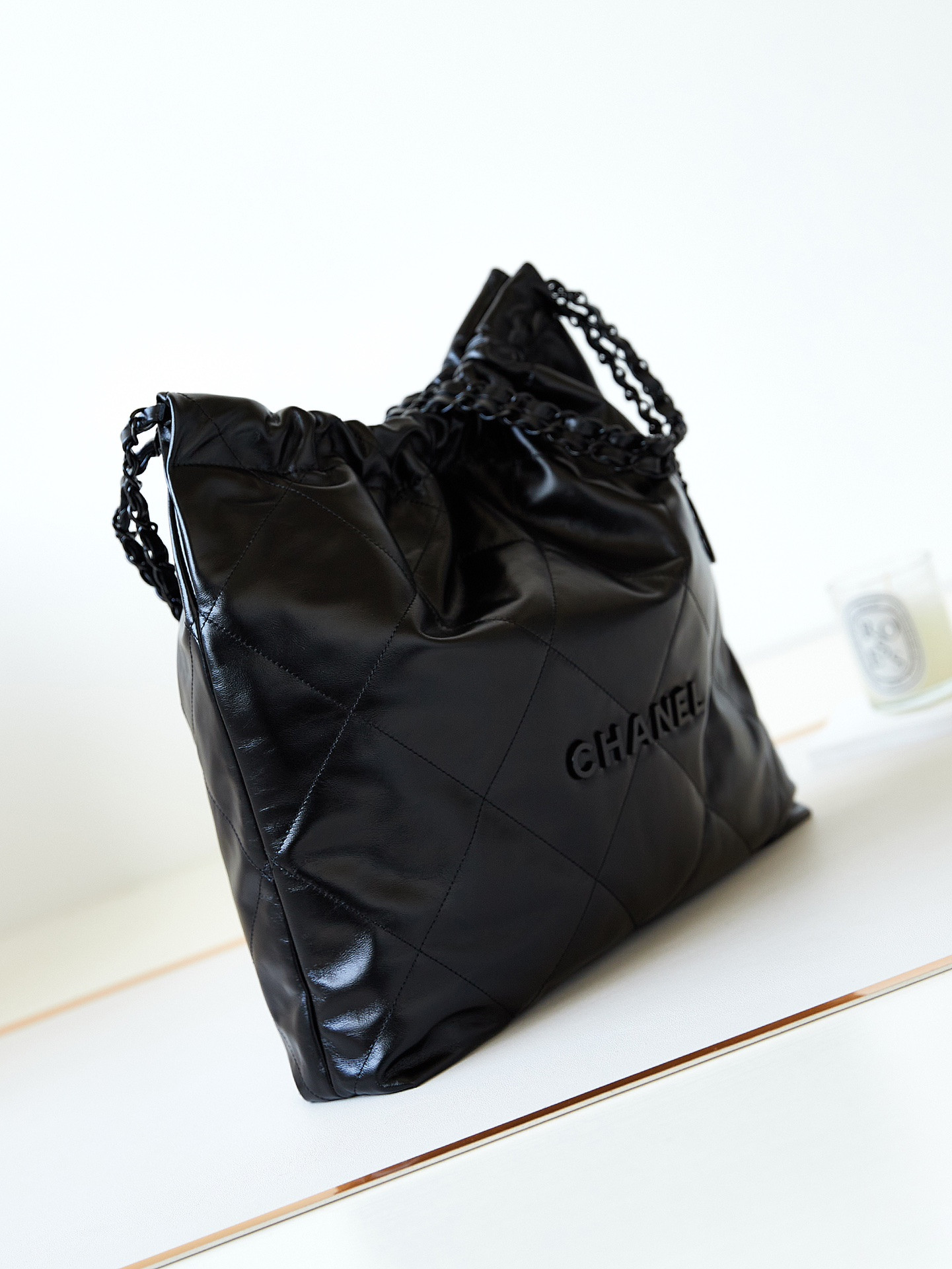 Ch**el 22 HANDBAG Shiny Calfskin ALL Black 15.2×16.4×3.1 in