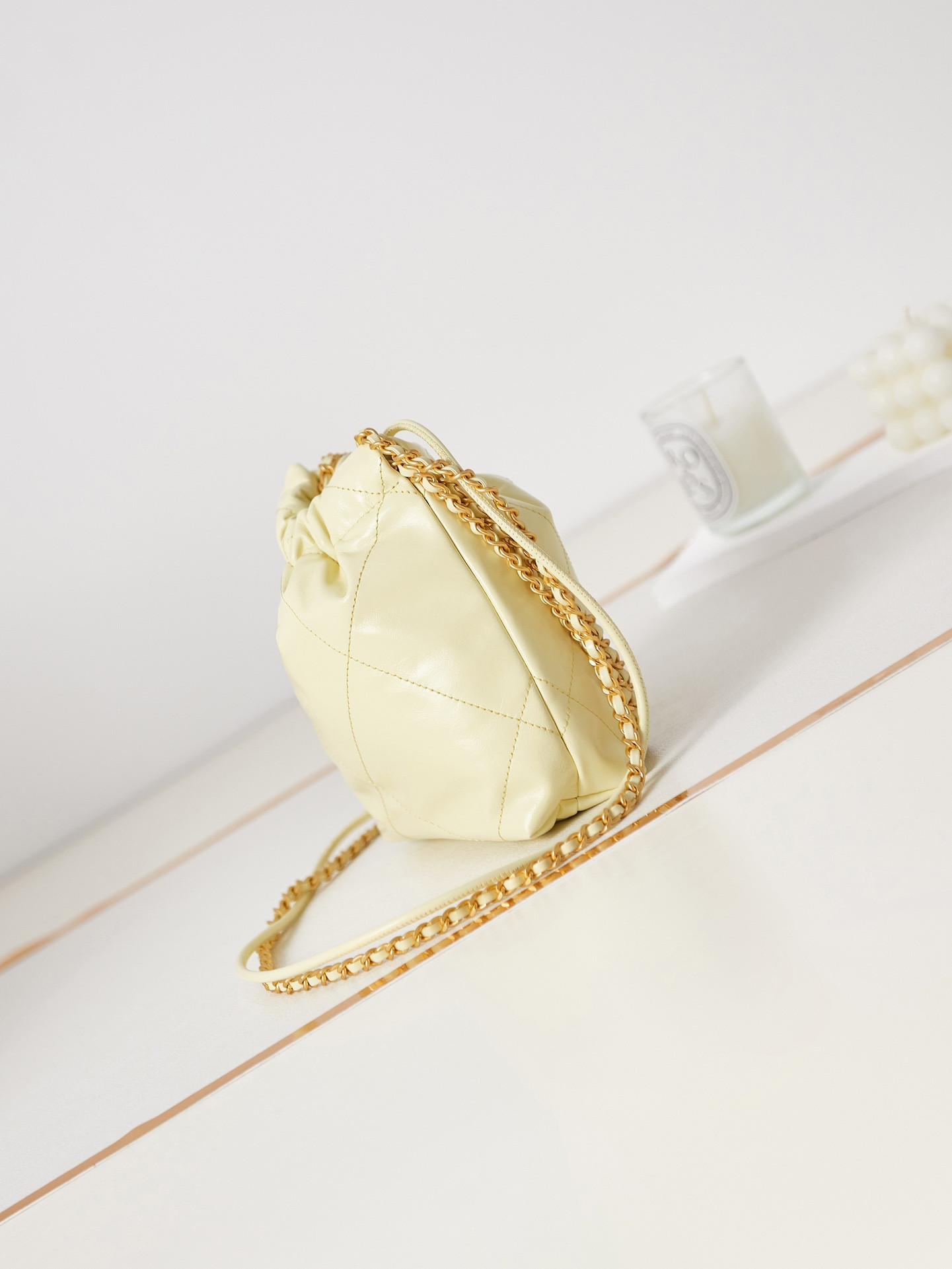 Ch**el 22 MINI HANDBAG Shiny Calfskin Yellow 7.8 × 7.4 × 2.3 in