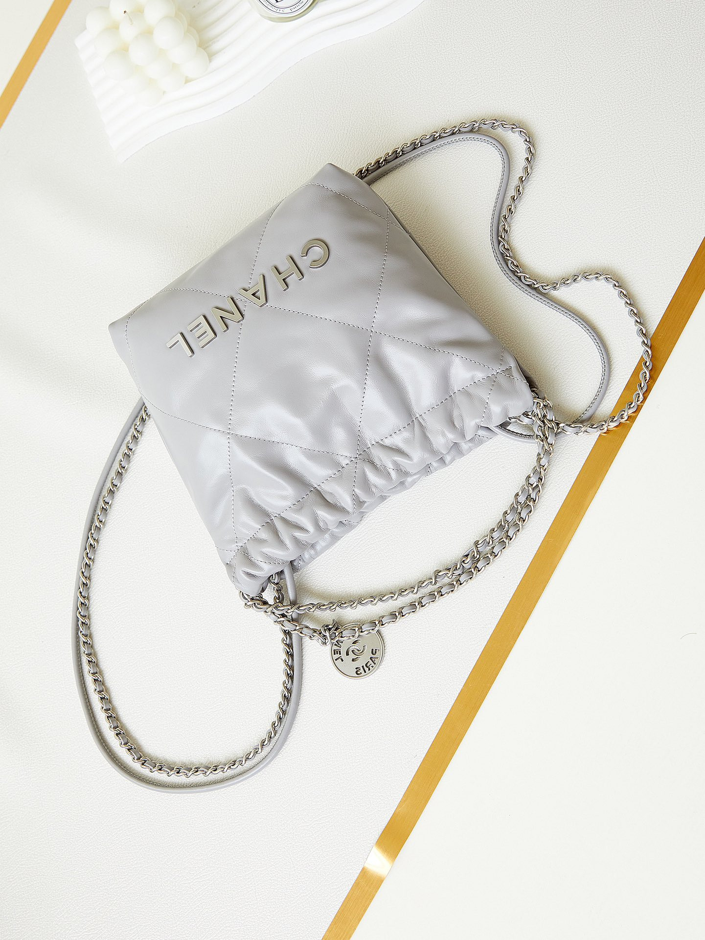 Ch**el 22 MINI HANDBAG Shiny Calfskin GREY 7.8 × 7.4 × 2.3 in