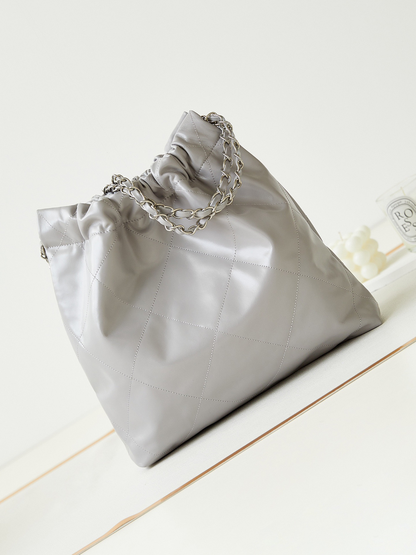 Ch**el 22 SMALL HANDBAG Shiny Calfskin GREY 13.7×14.4×2.7 in