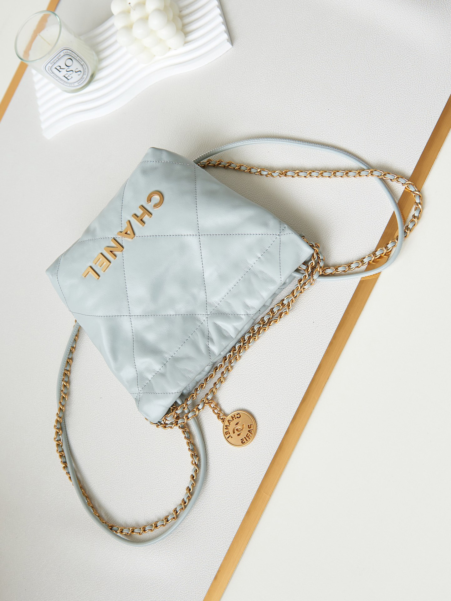 Ch**el 22 MINI HANDBAG Shiny Calfskin Light Blue 7.8 × 7.4 × 2.3 in