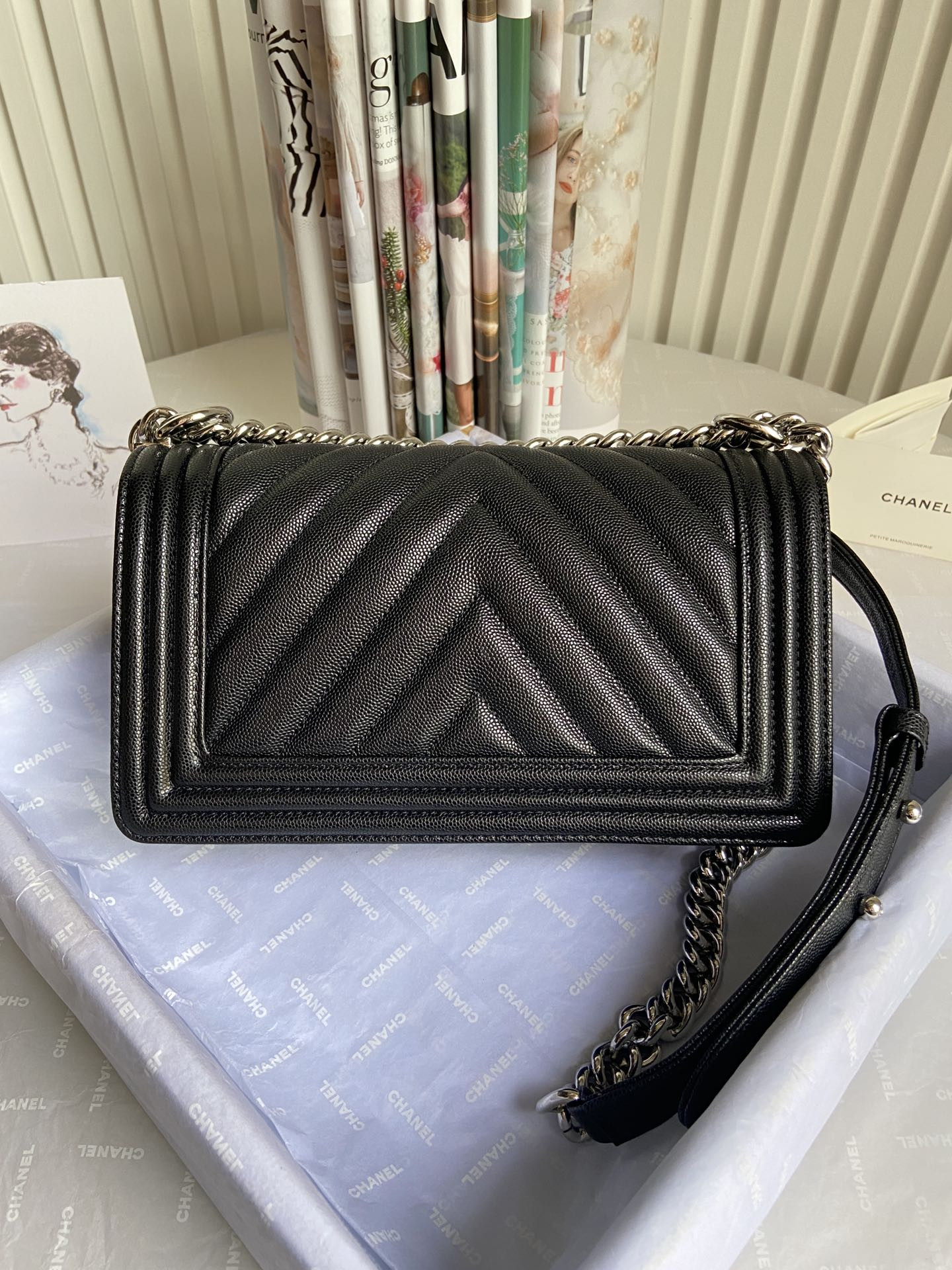 BOY Ch**el HANDBAG Shiny Grained Calfskin & Silver-Tone Metal Black 5.9 × 9.8 × 3.5 in