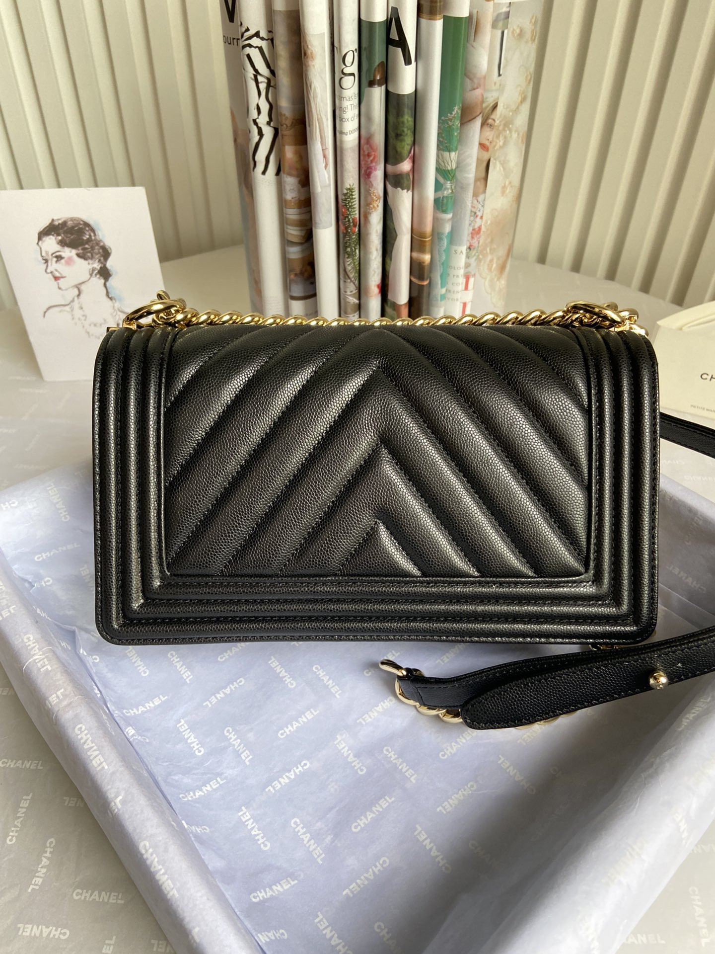 BOY Ch**el HANDBAG Shiny Grained Calfskin & Gold-Tone Metal Black 5.9 × 9.8 × 3.5 in