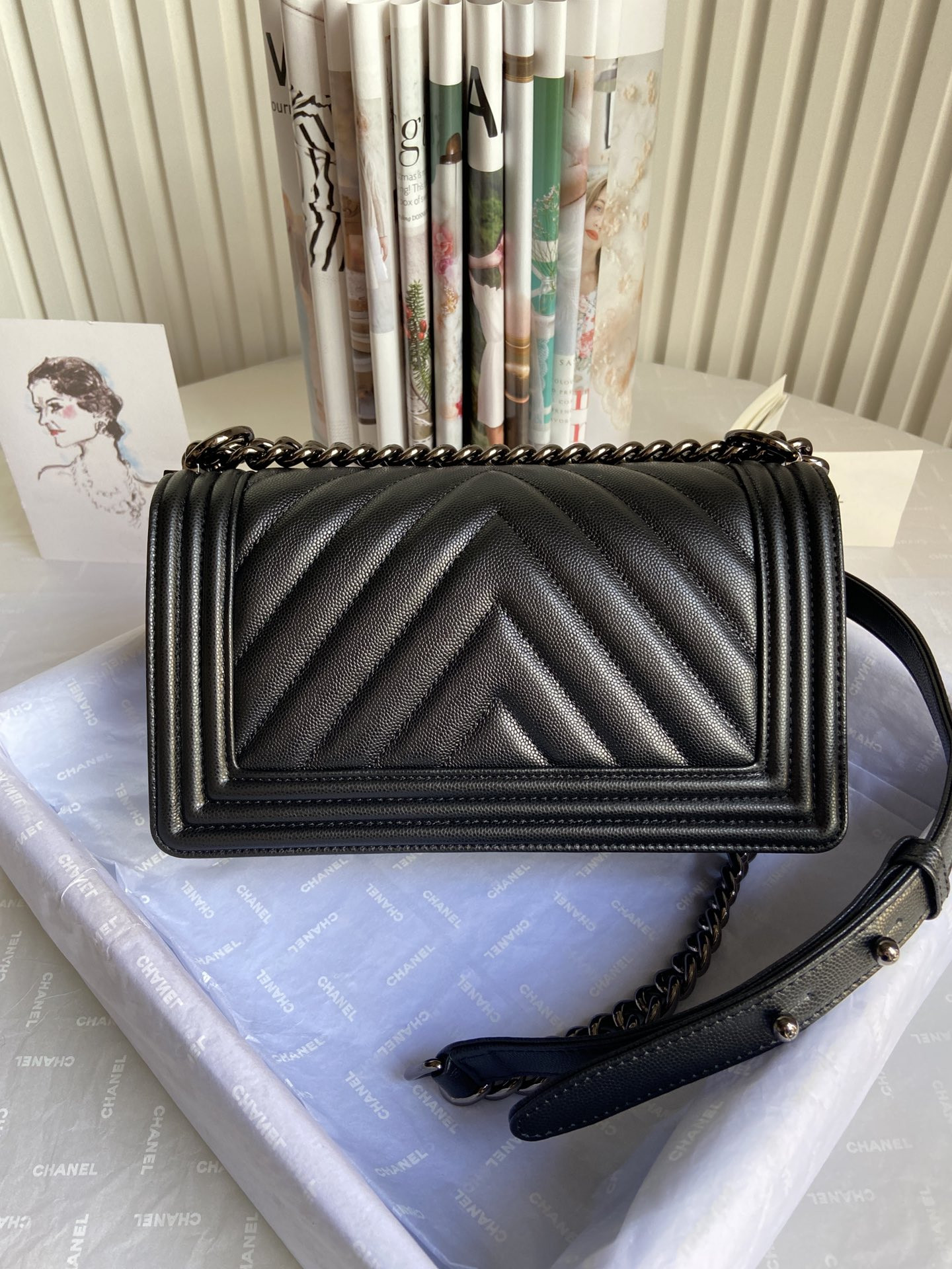 BOY Ch**el HANDBAG Shiny Grained Calfskin Black 5.9 × 9.8 × 3.5 in