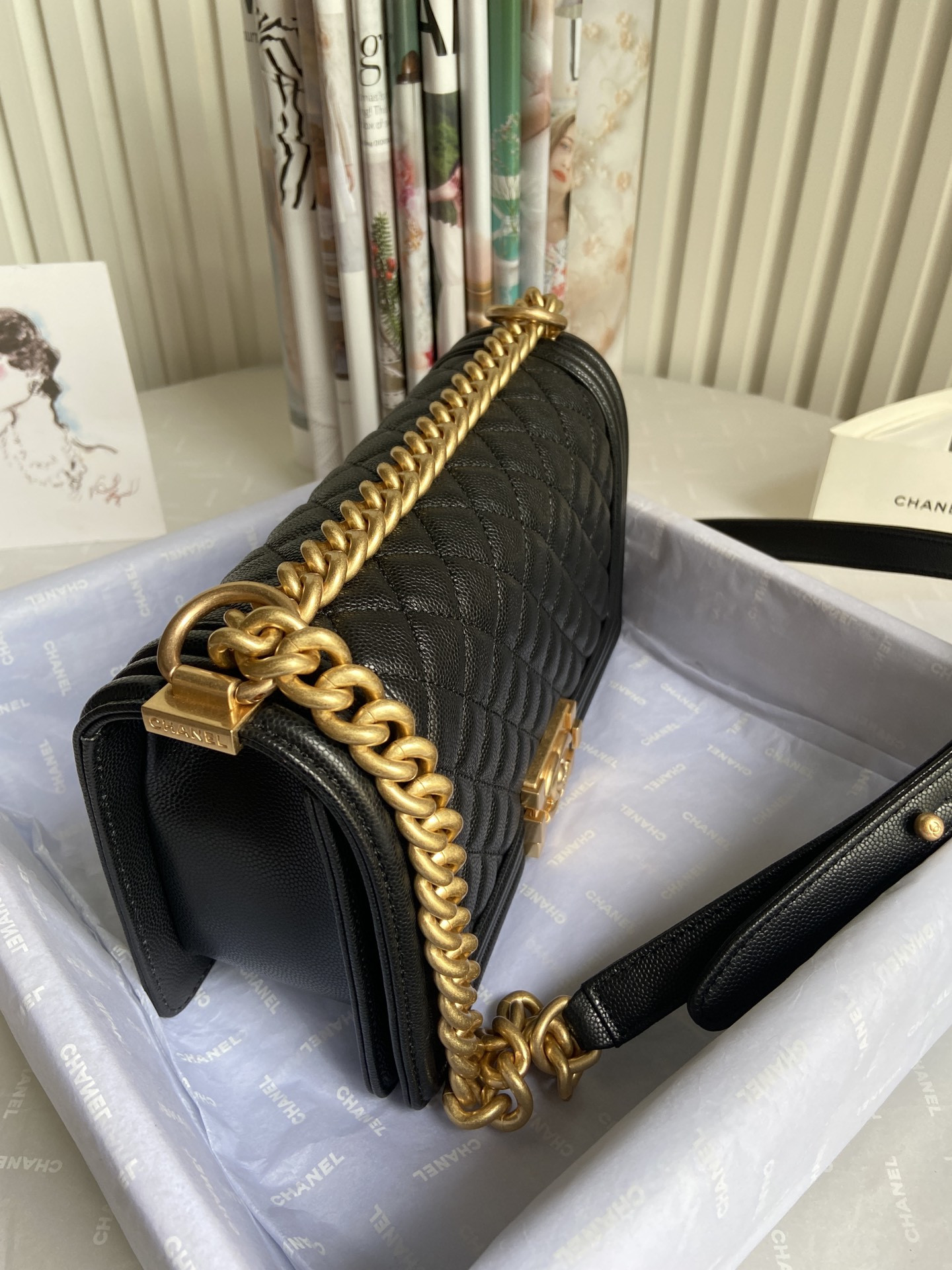 BOY Ch**el HANDBAG Shiny Grained Calfskin 5.9 × 9.8 × 3.5 in