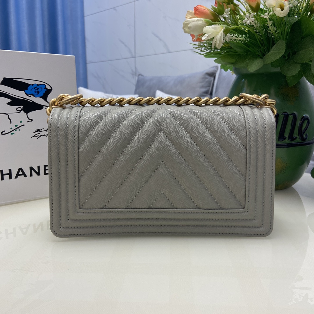 BOY Ch**el HANDBAG Shiny Grained Calfskin & Gold-Tone Metal Gray 5.9 × 9.8 × 3.5 in