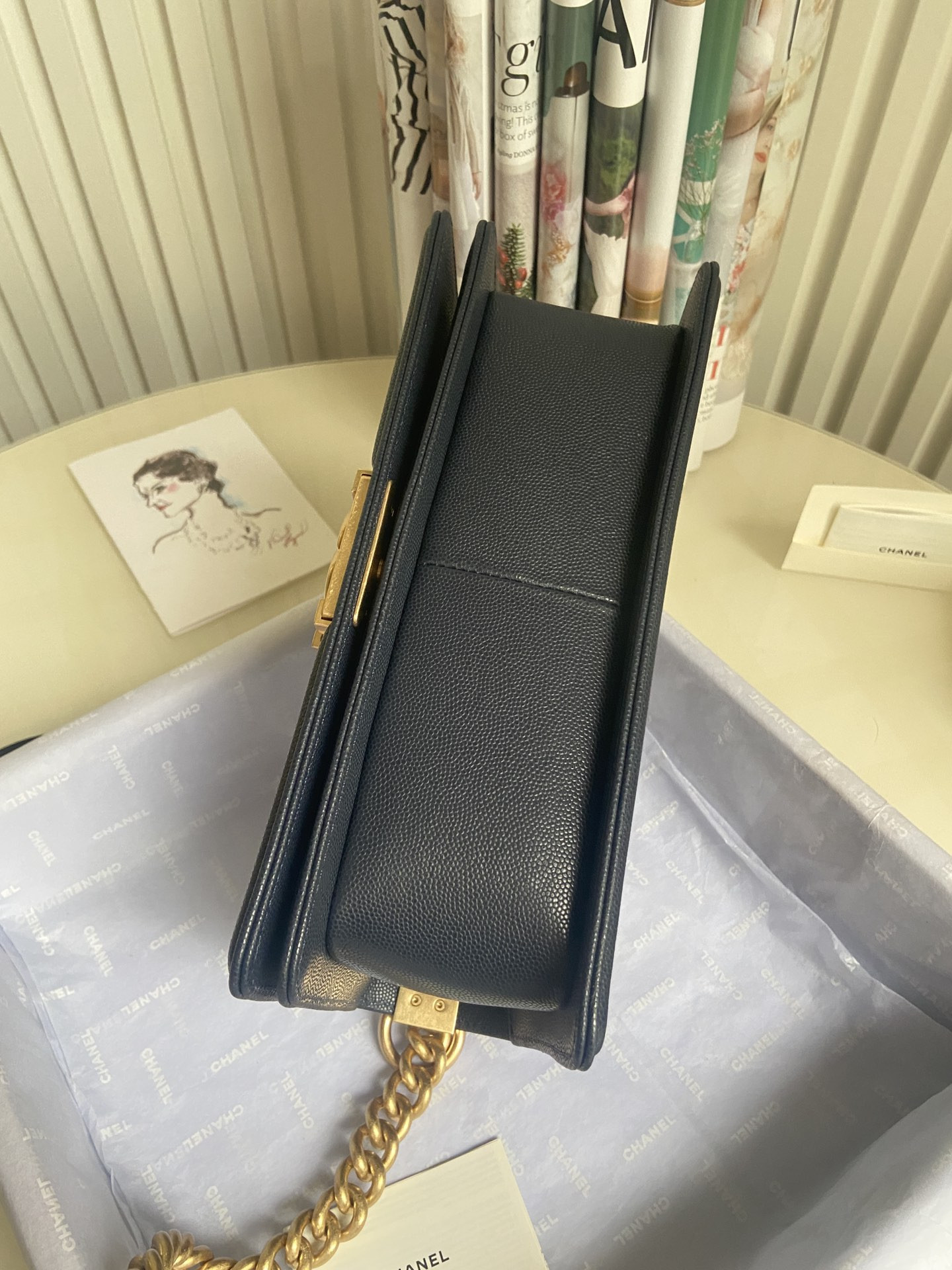 BOY Ch**el HANDBAG Shiny Grained Calfskin & Gold-Tone Metal Navy 5.9 × 9.8 × 3.5 in