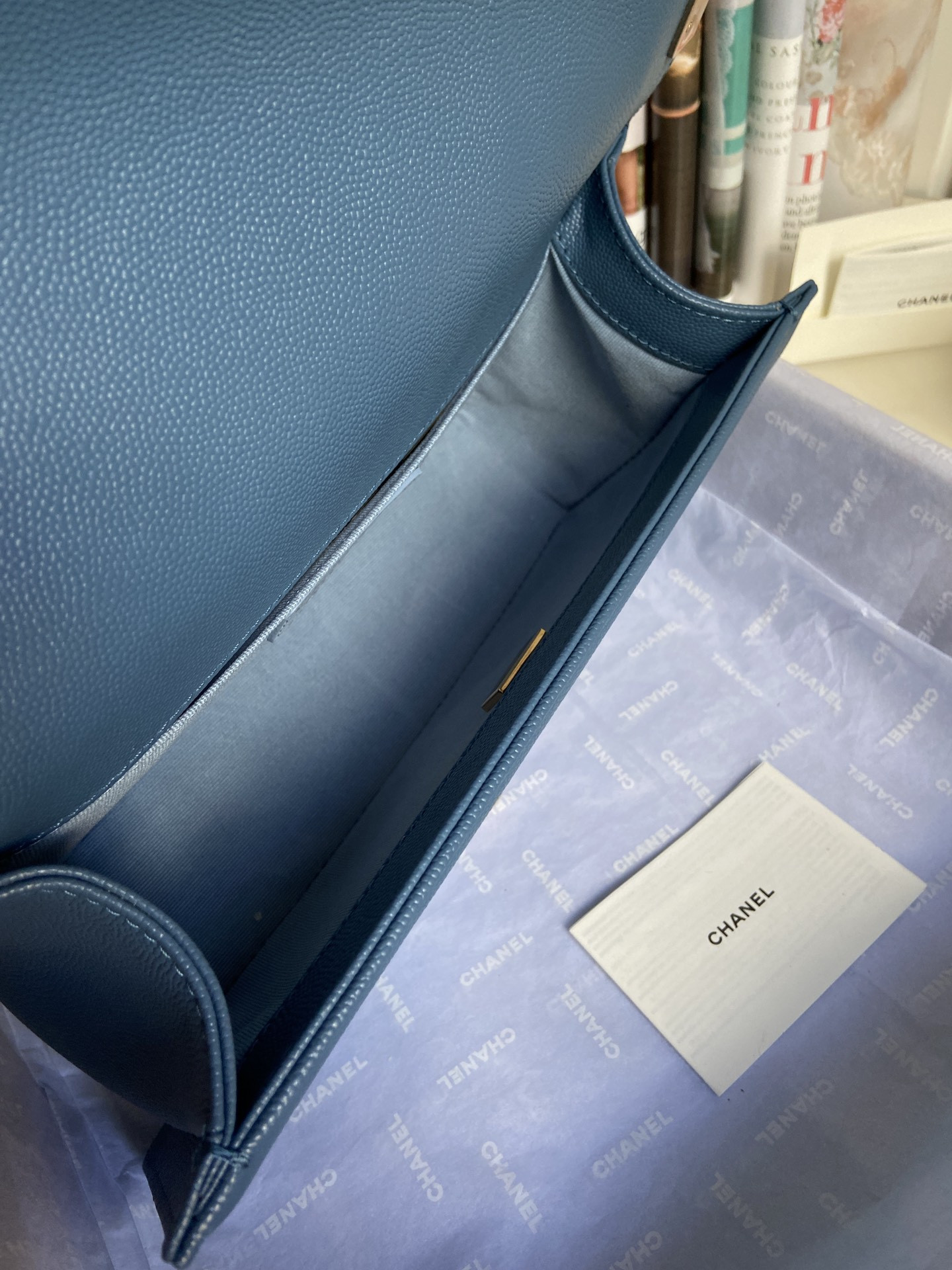 BOY Ch**el HANDBAG Shiny Grained Calfskin & Gold-Tone Metal Blue 5.9 × 9.8 × 3.5 in