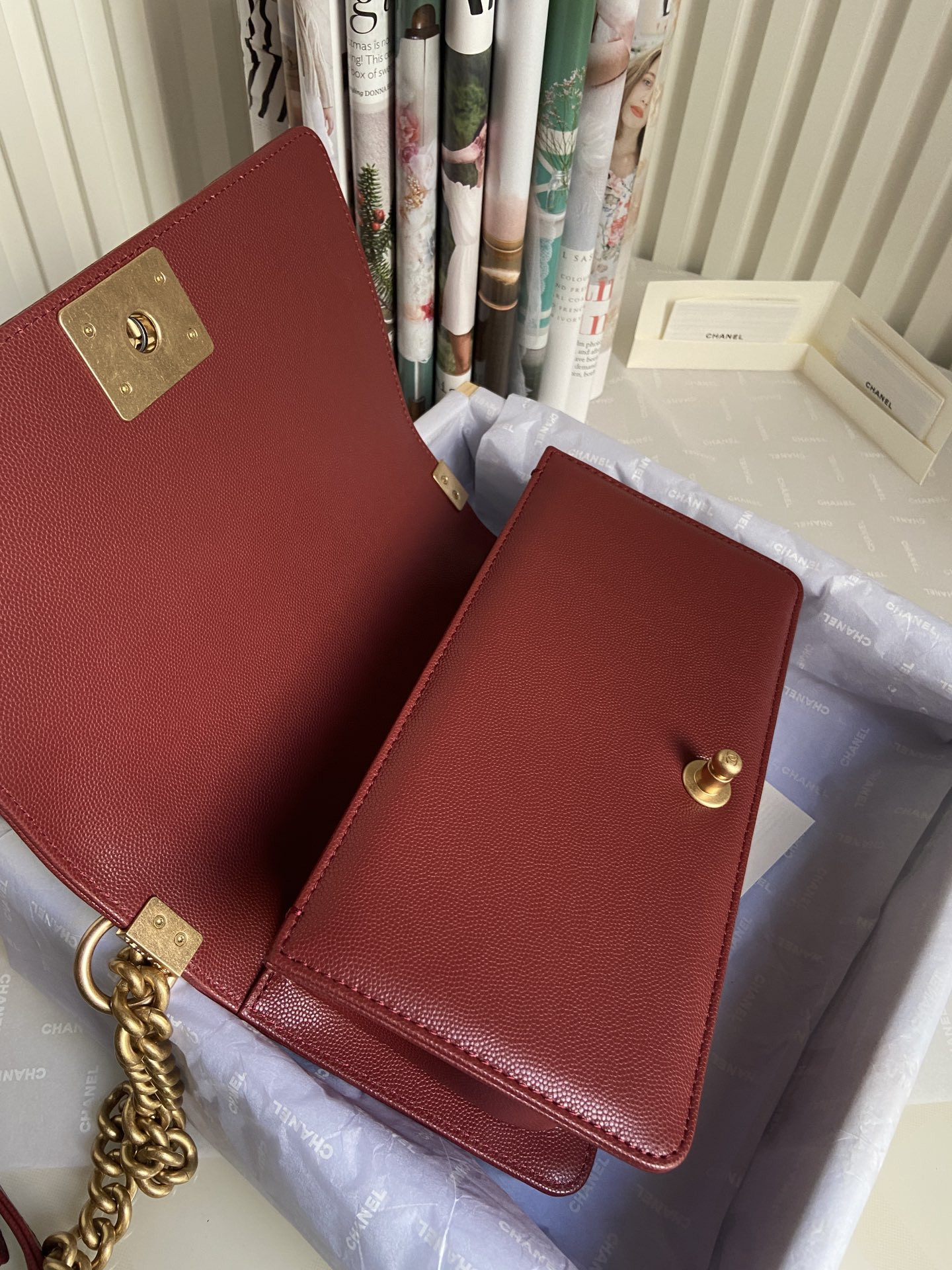 BOY Ch**el HANDBAG Shiny Grained Calfskin & Gold-Tone Metal red 5.9 × 9.8 × 3.5 in