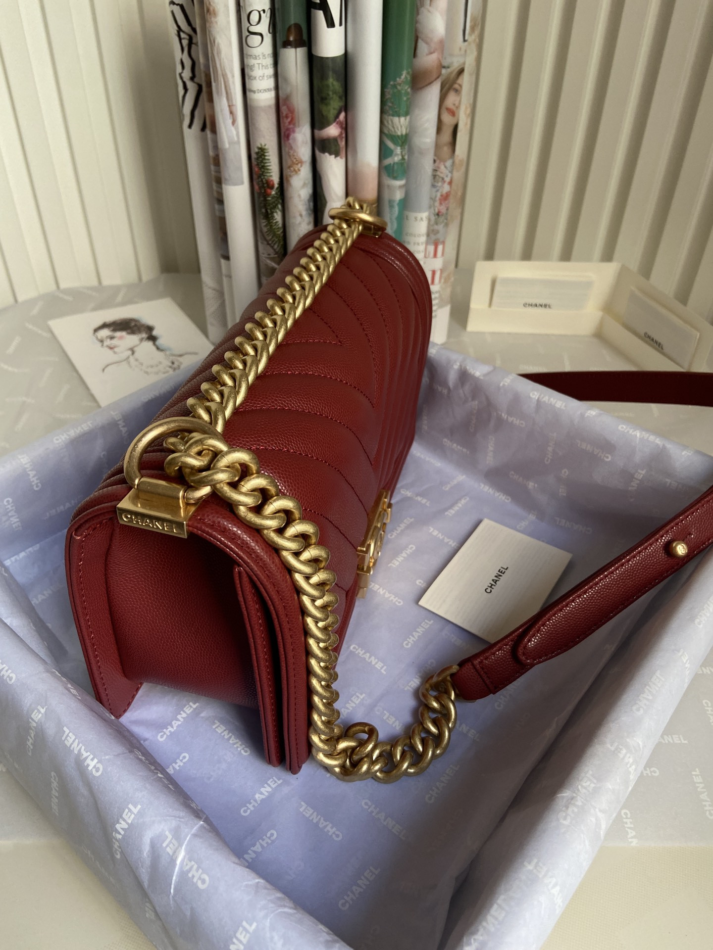 BOY Ch**el HANDBAG Shiny Grained Calfskin & Gold-Tone Metal red 5.9 × 9.8 × 3.5 in