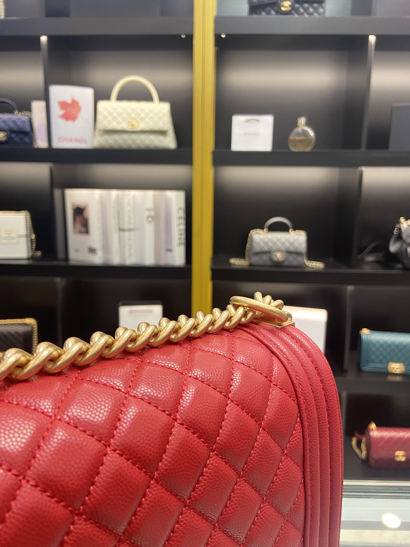 BOY Ch**el HANDBAG Shiny Red Grained Calfskin & Gold-Tone Metal 5.9 × 9.8 × 3.5 in