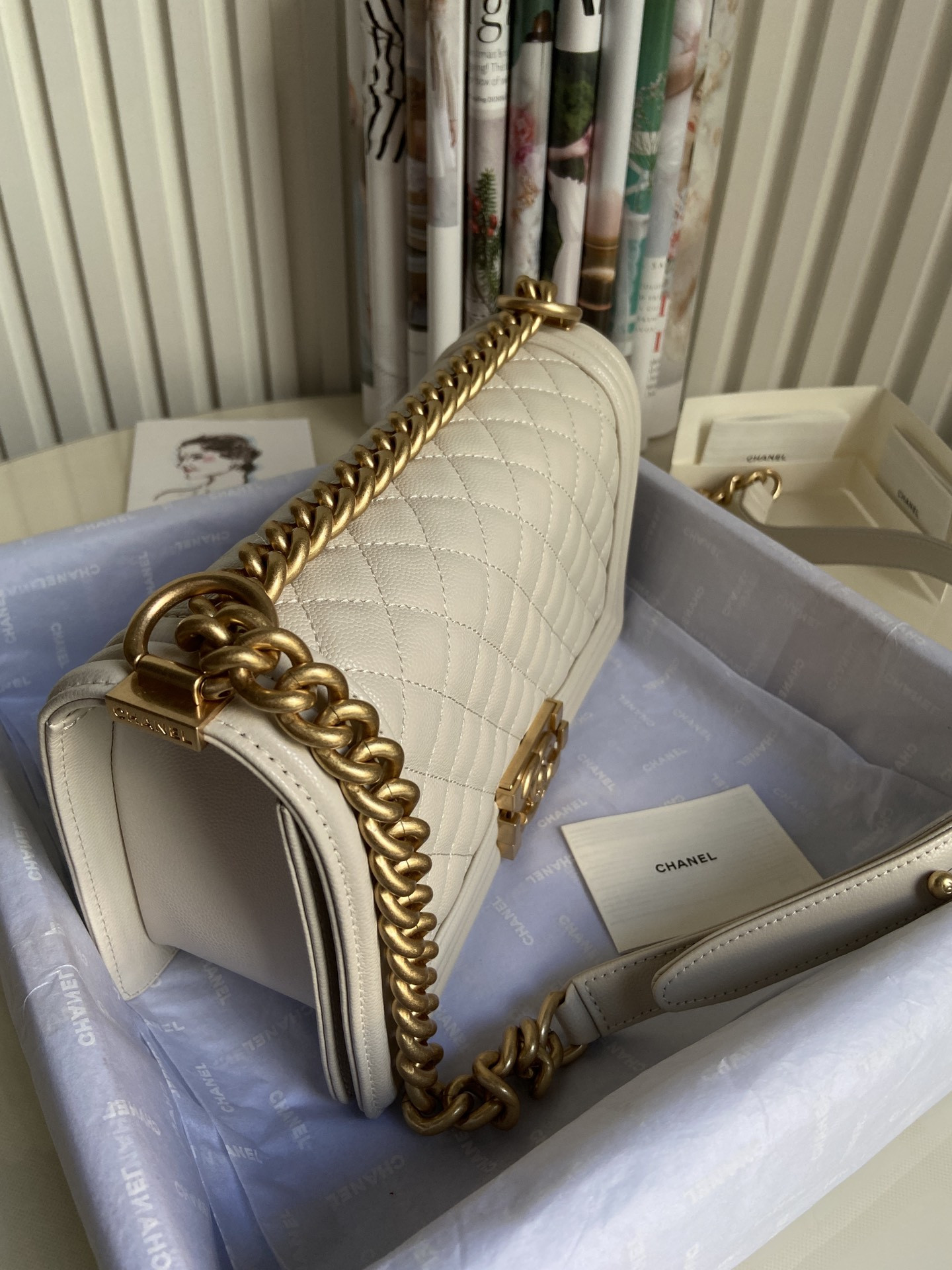 BOY Ch**el HANDBAG Shiny Grained Calfskin & Gold-Tone Metal Beige 5.9 × 9.8 × 3.5 in