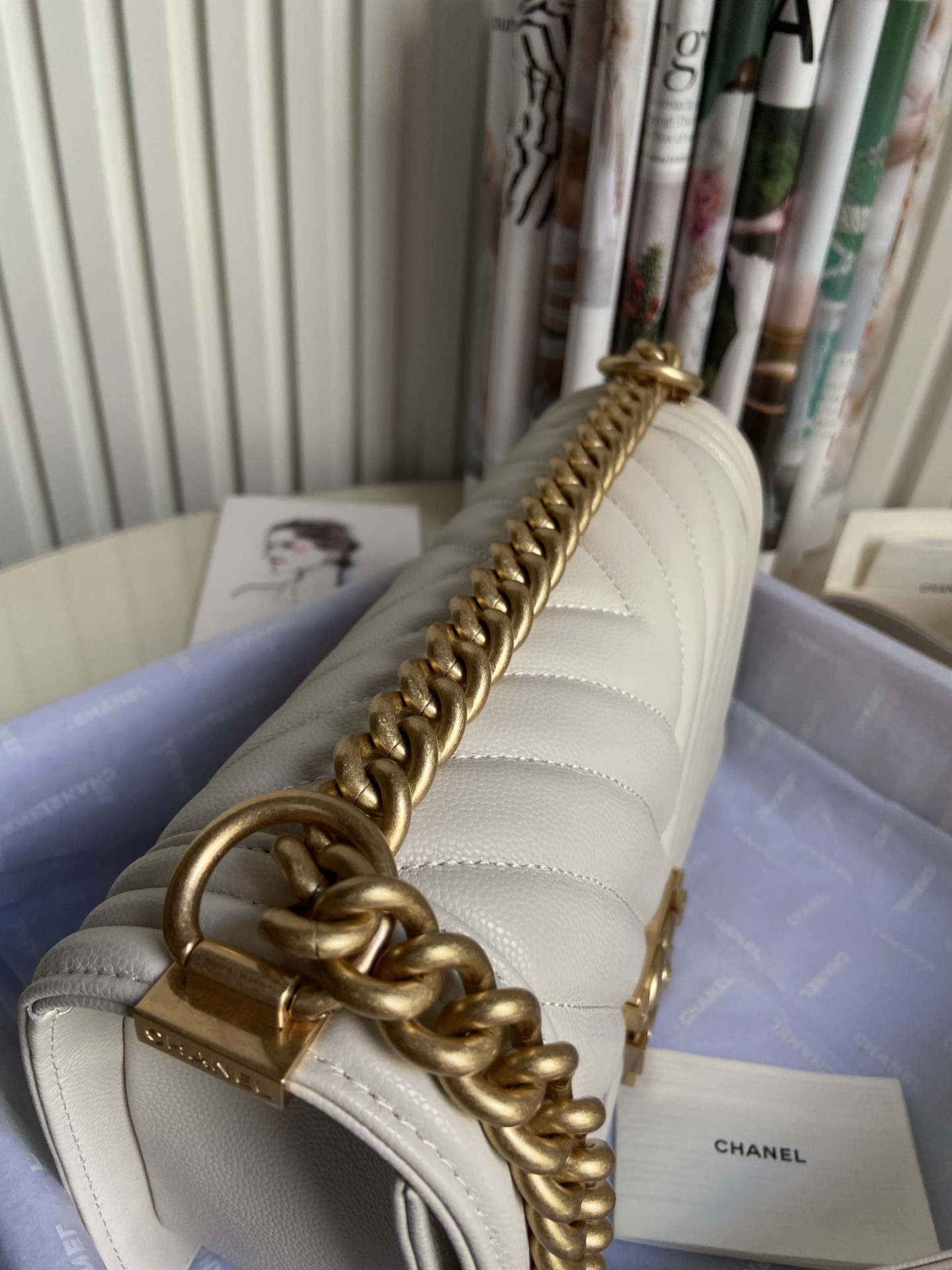 BOY Ch**el HANDBAG Shiny Grained Calfskin & Gold-Tone Metal Beige 5.9 × 9.8 × 3.5 in