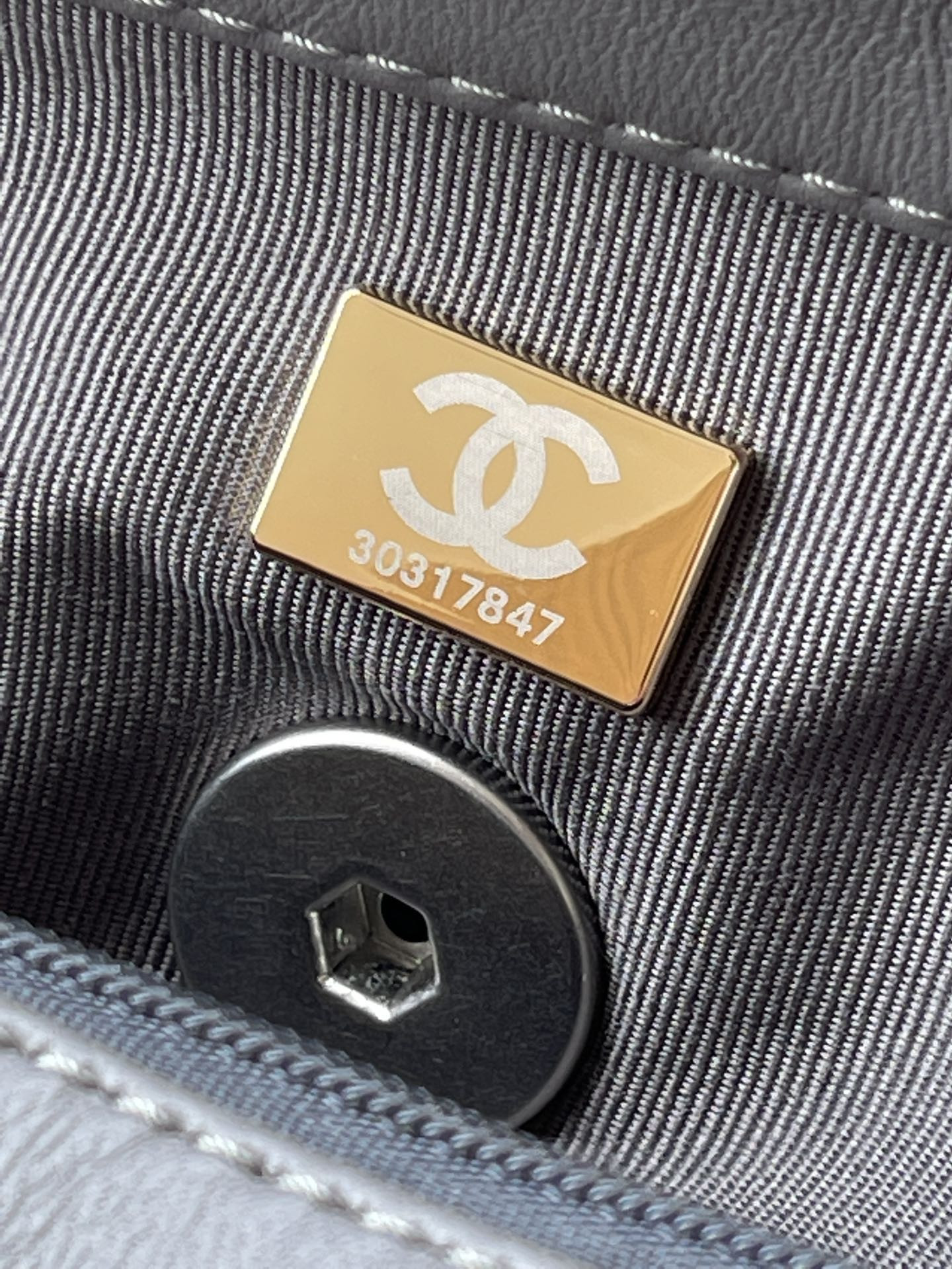 Ch**el 19 HANDBAG Shiny Leather, Gold-Tone, Silver-Tone & Ruthenium-Finish Metal Dark Gray 6.2 × 10.1 × 3.5 in