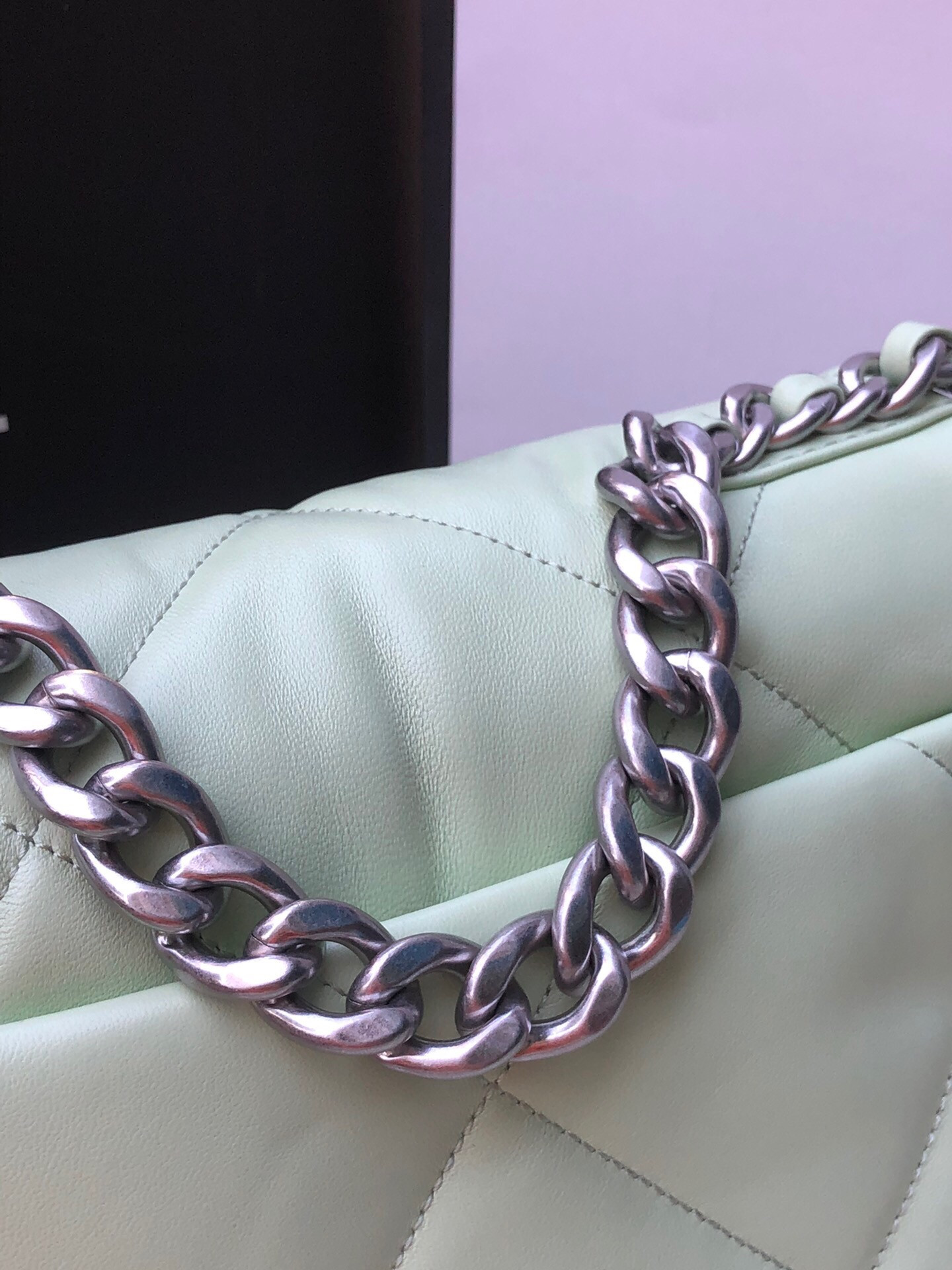 Ch**el 19 HANDBAG Shiny Leather, Gold-Tone, Silver-Tone & Ruthenium-Finish Metal Green 6.2 × 10.1 × 3.5 in