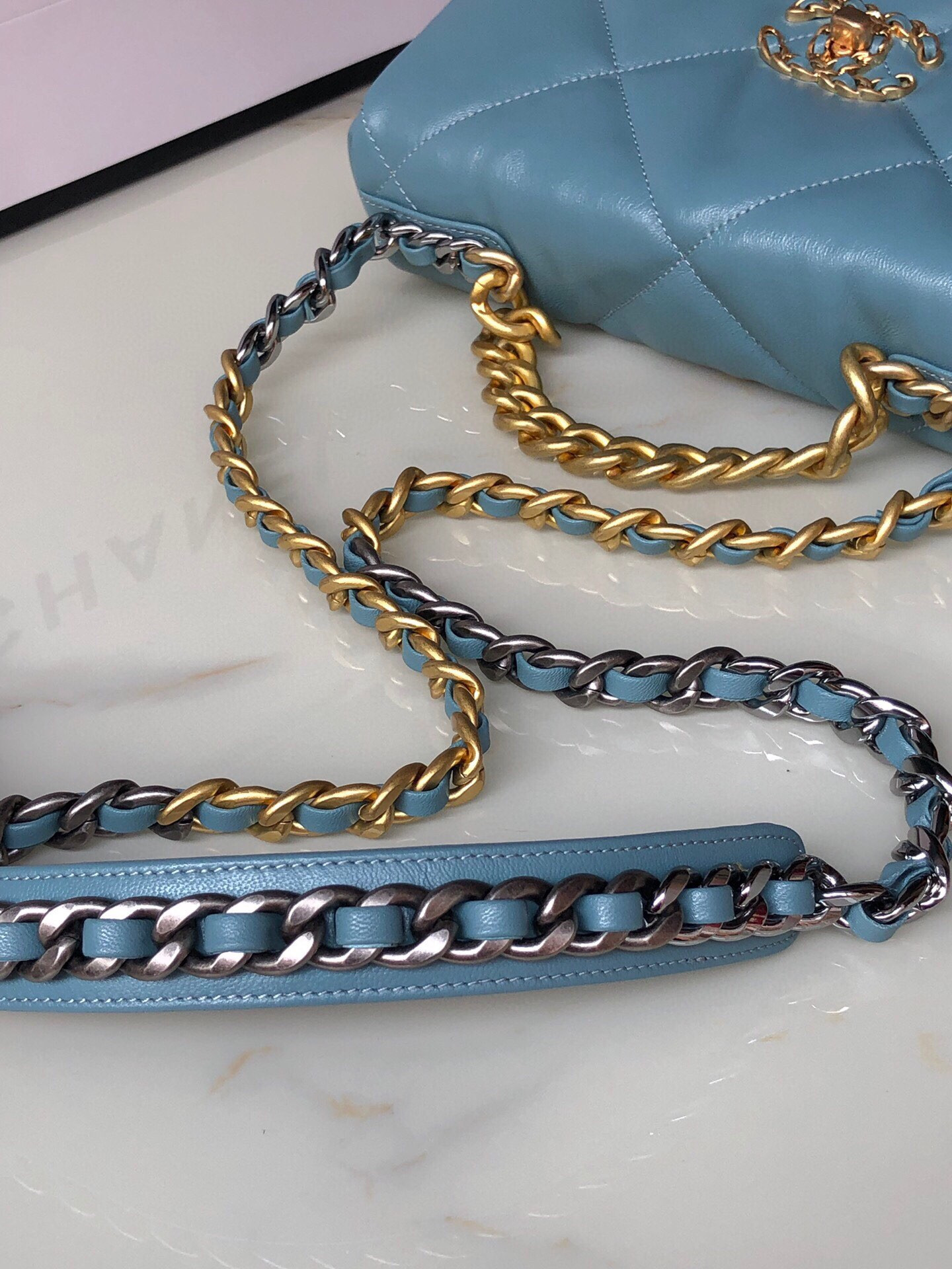 Ch**el 19 HANDBAG Shiny Leather, Gold-Tone, Silver-Tone & Ruthenium-Finish Metal Blue 6.2 × 10.1 × 3.5 in