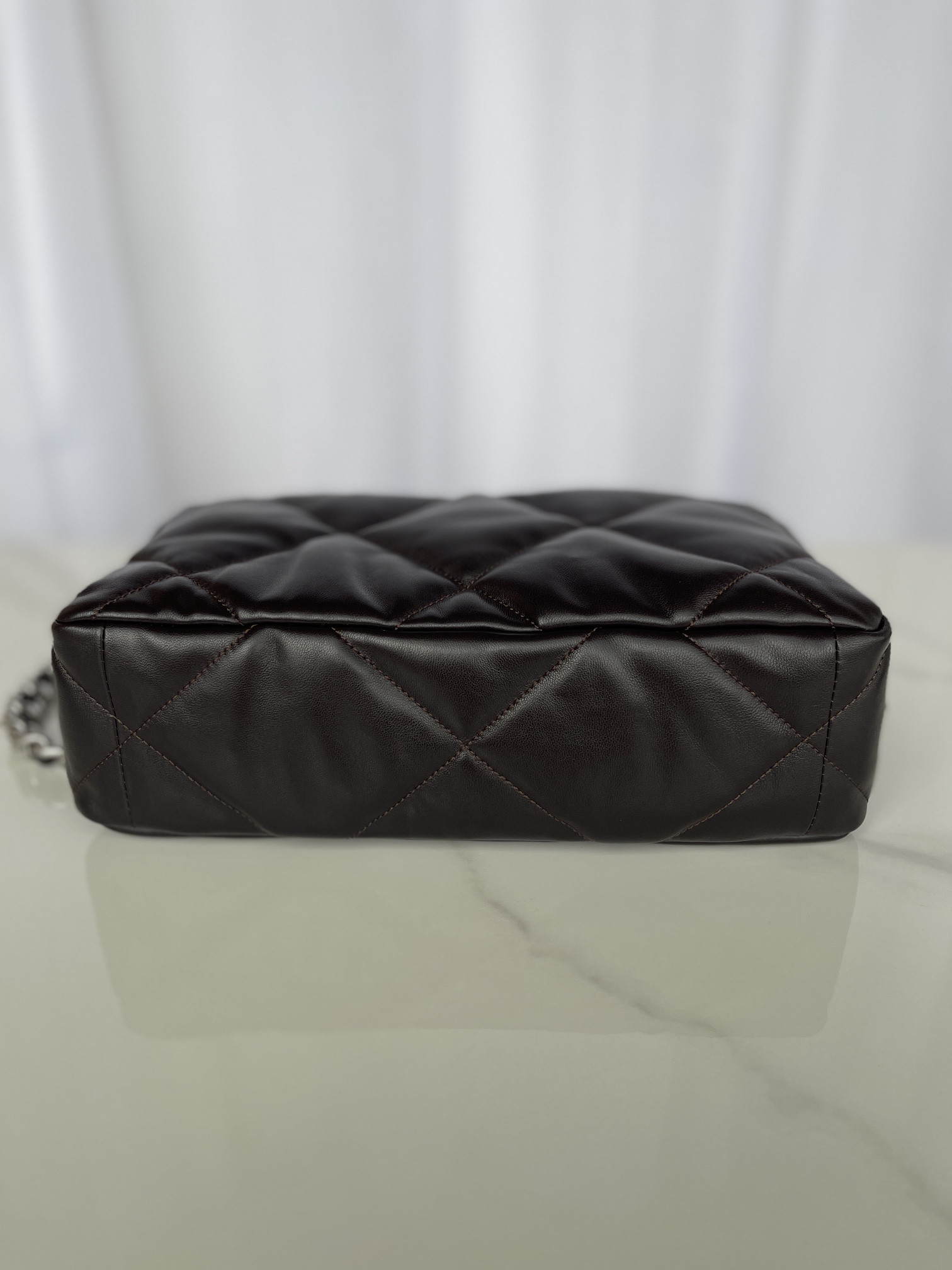 Ch**el 19 LARGE HANDBAG Shiny Leather Black, Gold-Tone, Silver-Tone & Ruthenium-Finish Metal 7.8 × 11.7 × 3.9 in