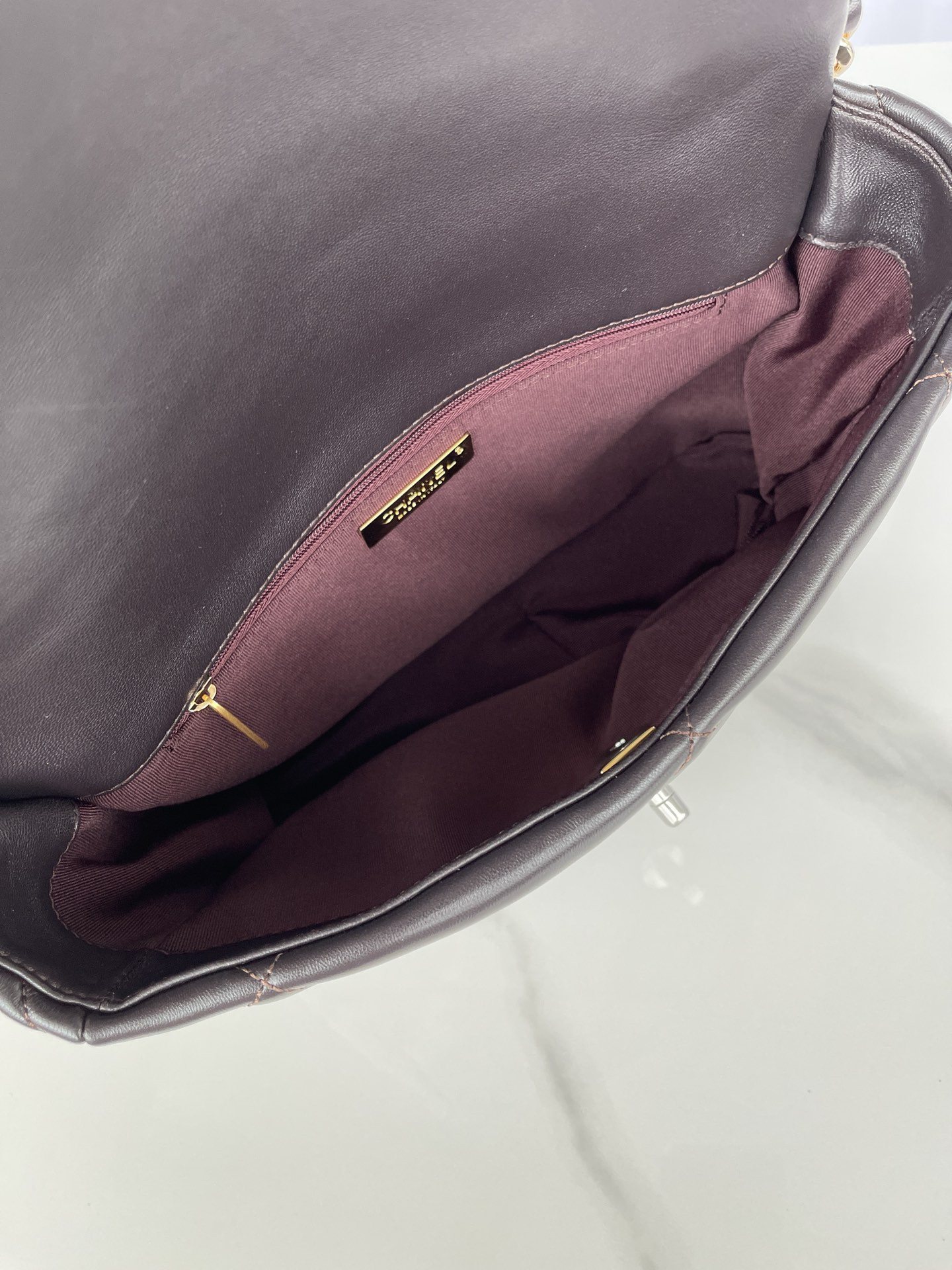 Ch**el 19 LARGE HANDBAG Shiny Leather Black, Gold-Tone, Silver-Tone & Ruthenium-Finish Metal 7.8 × 11.7 × 3.9 in