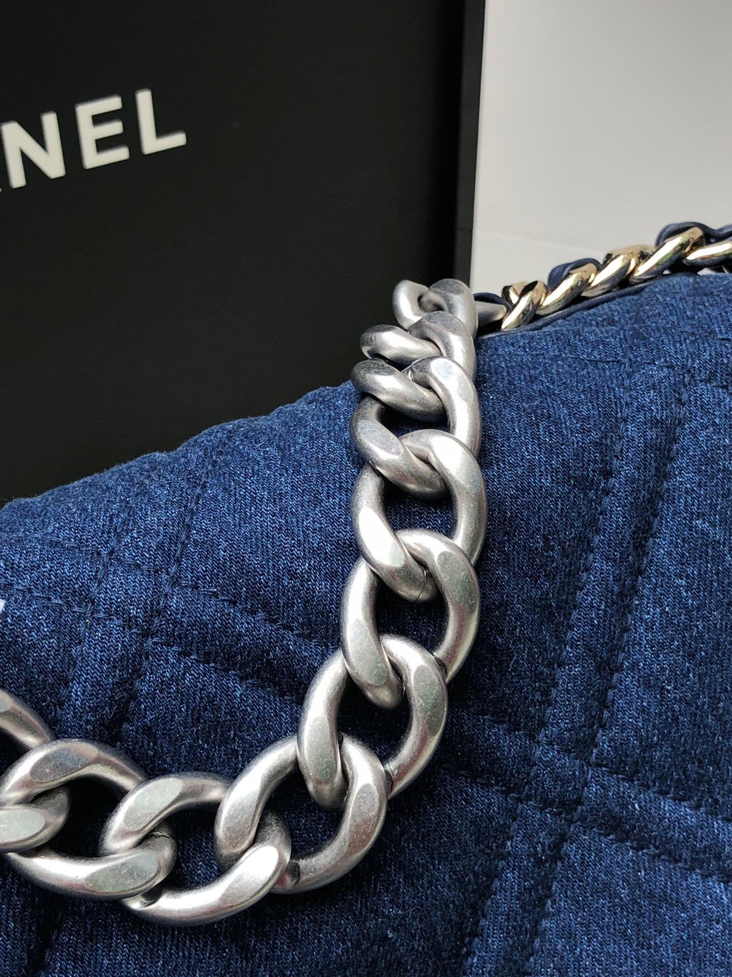 Ch**el 19 LARGE HANDBAG, Gold-Tone, Silver-Tone & Ruthenium-Finish Metal Blue 7.8 × 11.7 × 3.9 in