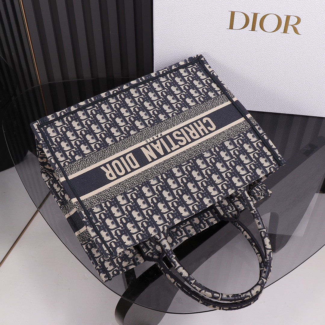 Medium D10r Book Tote  Ecru and Blue D10r Oblique Embroidery 14 x 11 x 6.5 inches