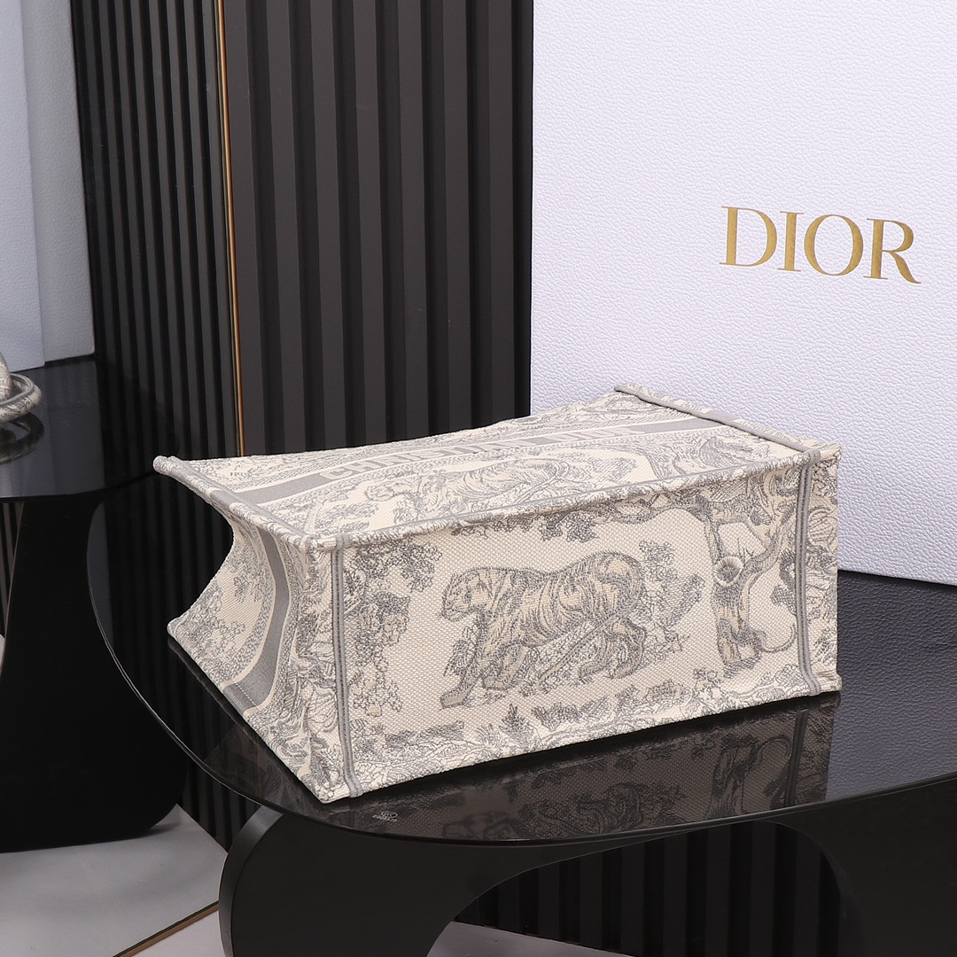 Medium D10r Book Tote Ecru and Gray Toile de Jouy Embroidery 14 x 11 x 6.5 inches