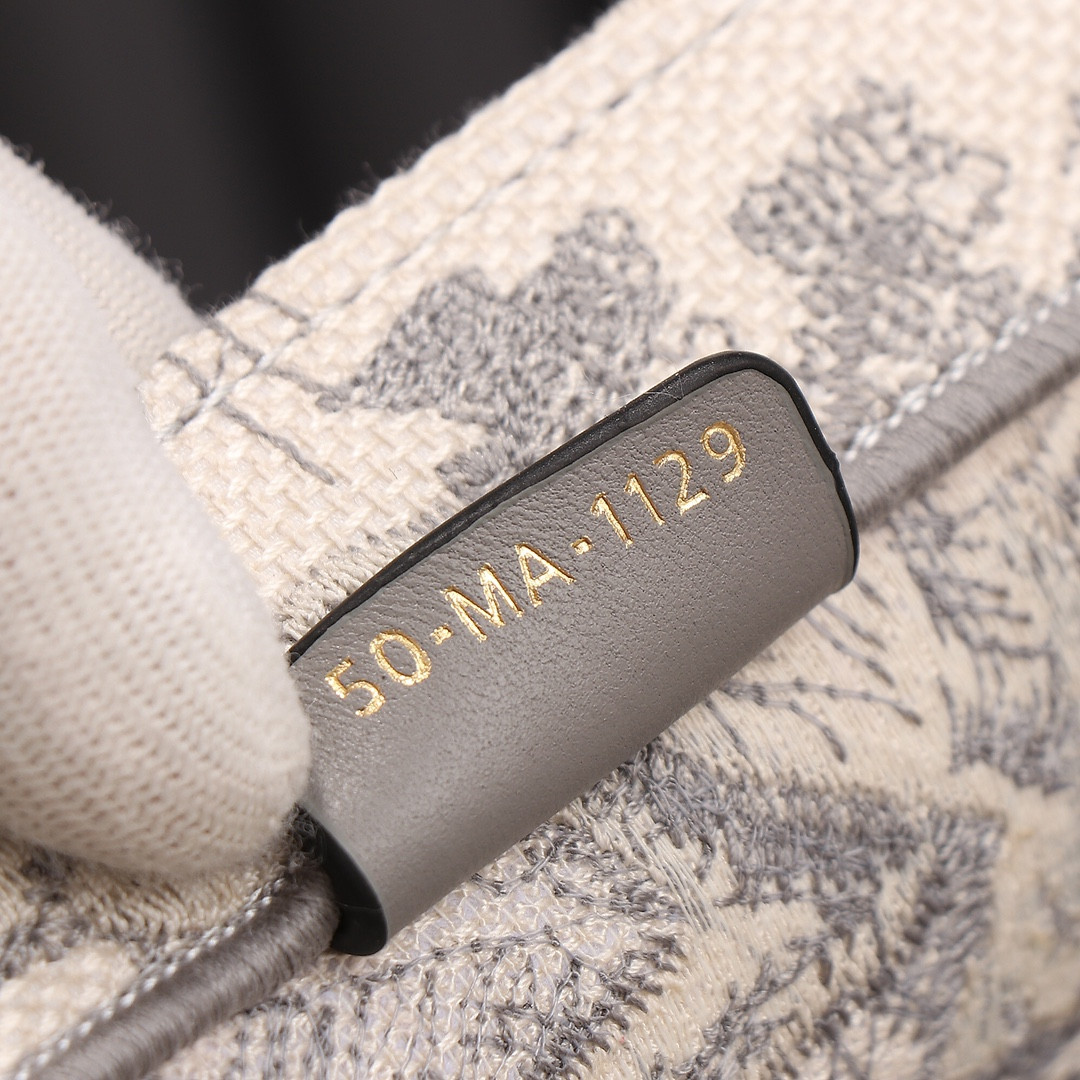 Medium D10r Book Tote Ecru and Gray Toile de Jouy Embroidery 14 x 11 x 6.5 inches