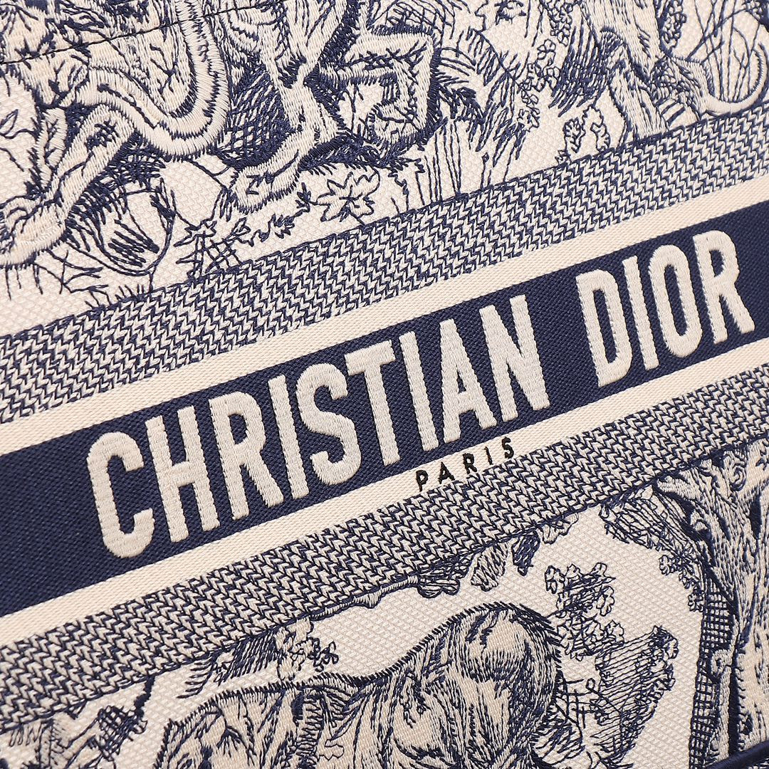 Medium D10r Book Tote  Ecru and Blue Toile de Jouy Embroidery 14 x 11 x 6.5 inches