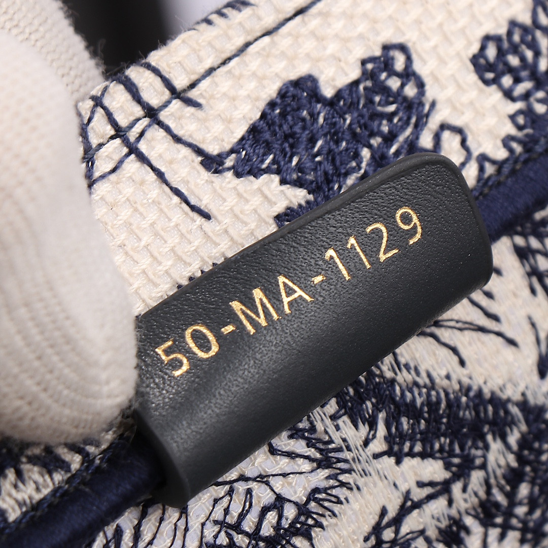 Medium D10r Book Tote  Ecru and Blue Toile de Jouy Embroidery 14 x 11 x 6.5 inches