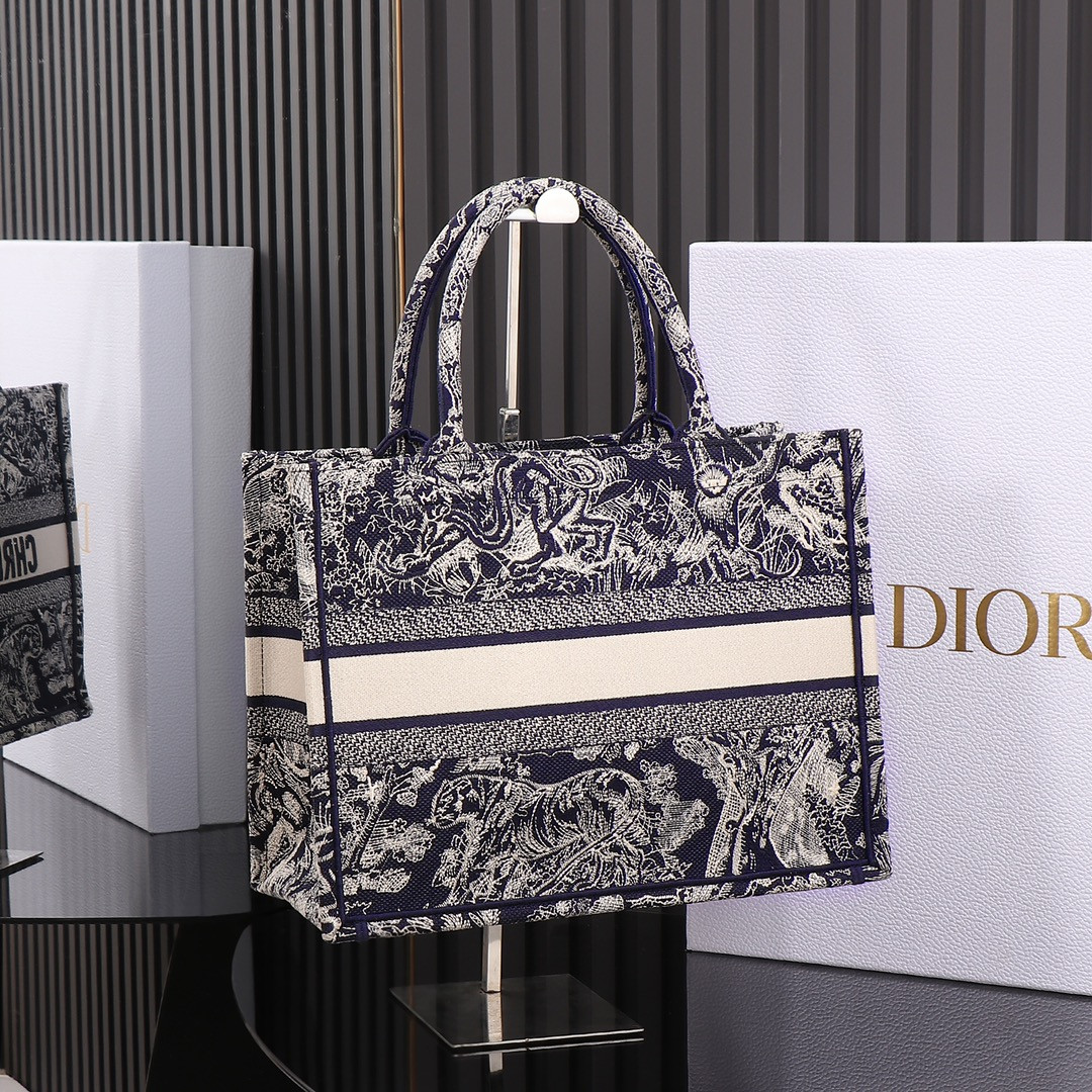 Medium D10r Book Tote  Blue and Ecru Toile de Jouy Reverse Embroidery 14 x 11 x 6.5 inches