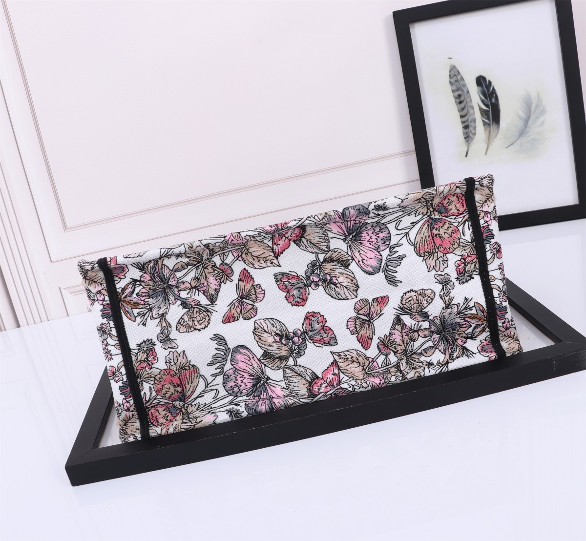 Medium D10r Book Tote  White and Pastel Pink Butterfly Around The World Embroidery 14 x 11 x 6.5 inches