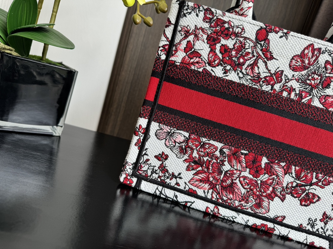 Small D10r BOOK TOTE WHITE AND RED LE CŒUR DES PAPILLONS EMBROIDERY 10.5 x 8.5 x 5.5 inches