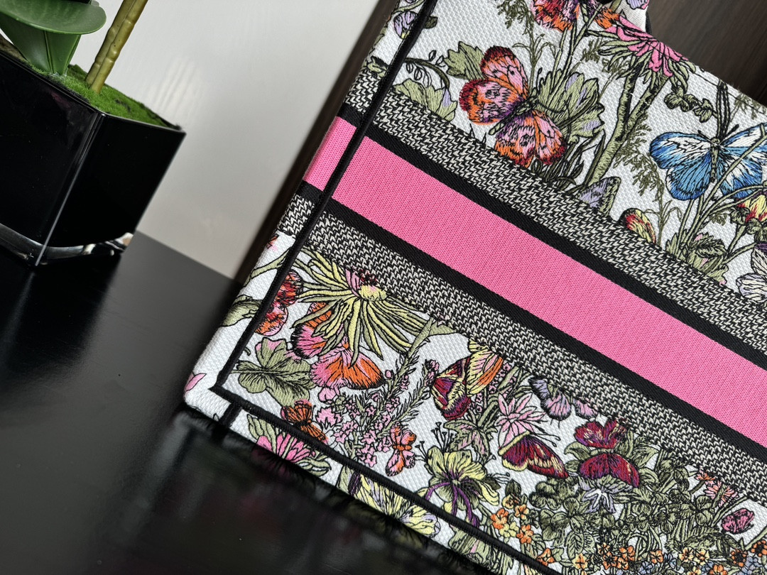 Medium D10r Book Tote  White Multicolor Mexico Millefiori Embroidery 14 x 11 x 6.5 inches