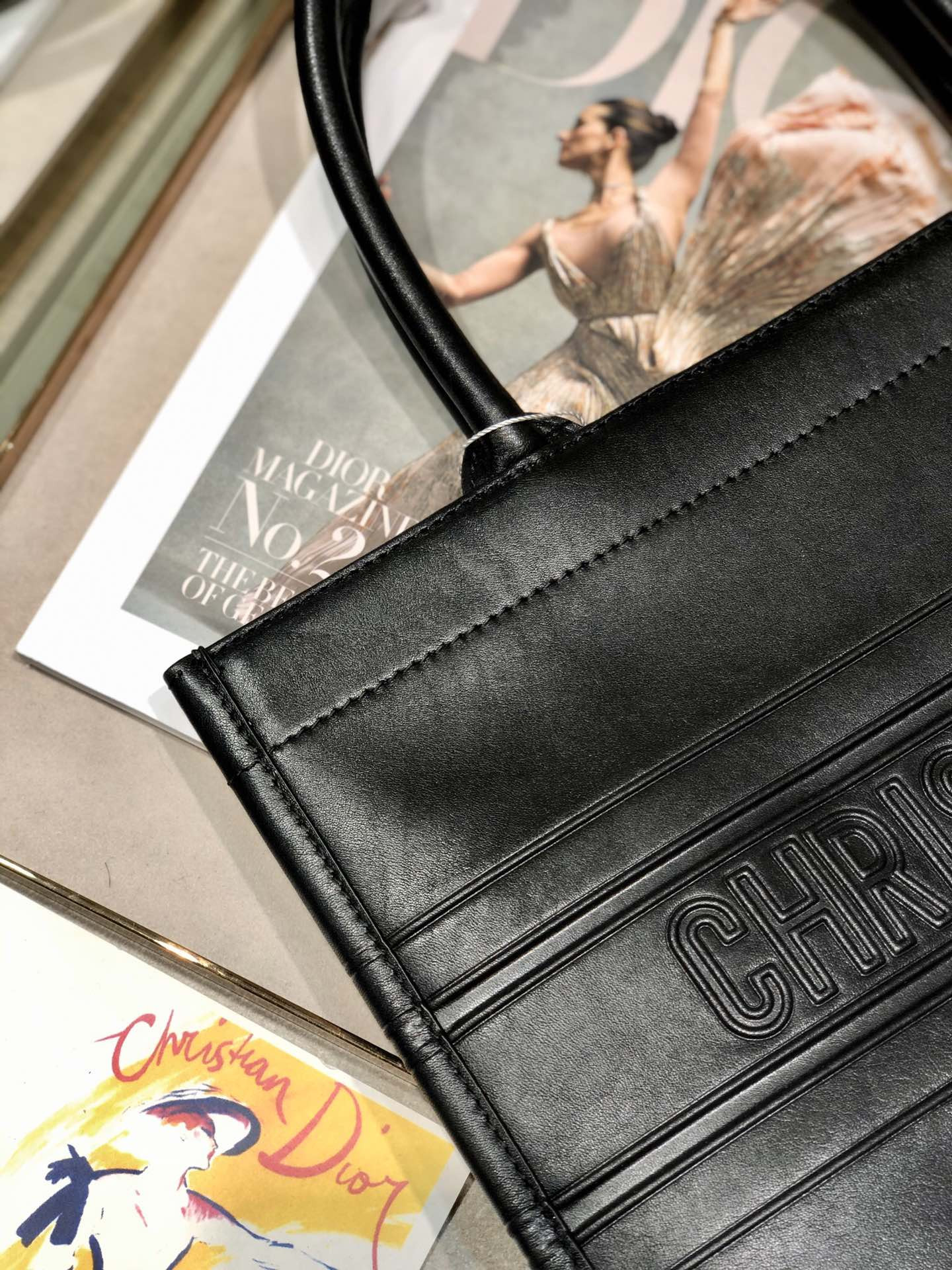 Calfskin Embossed Medium D10r Book Tote Black 14 x 11 x 6.5 inches