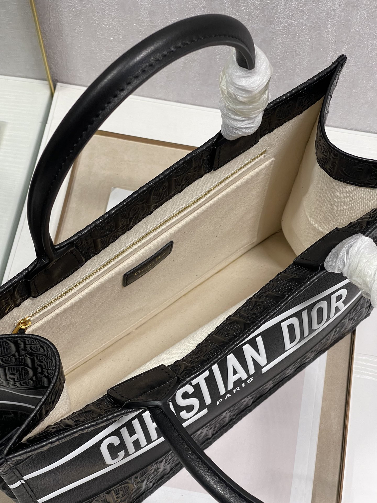 Calfskin Embossed Medium D10r Book Tote Black WHITE 14 x 11 x 6.5 inches