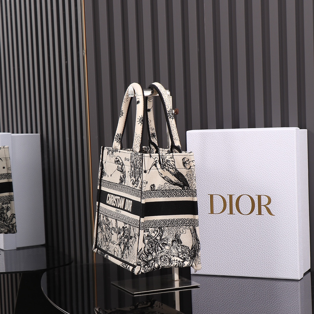 Small D10r Book Tote Latte and Black Toile de Jouy Zodiac Embroidery 10.5 x 8.5 x 5.5 inches