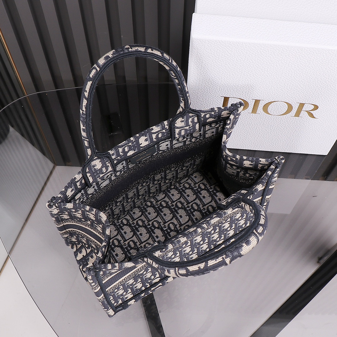 Small D10r Book Tote Ecru and Blue D10r Oblique Embroidery 10.5 x 8.5 x 5.5 inches