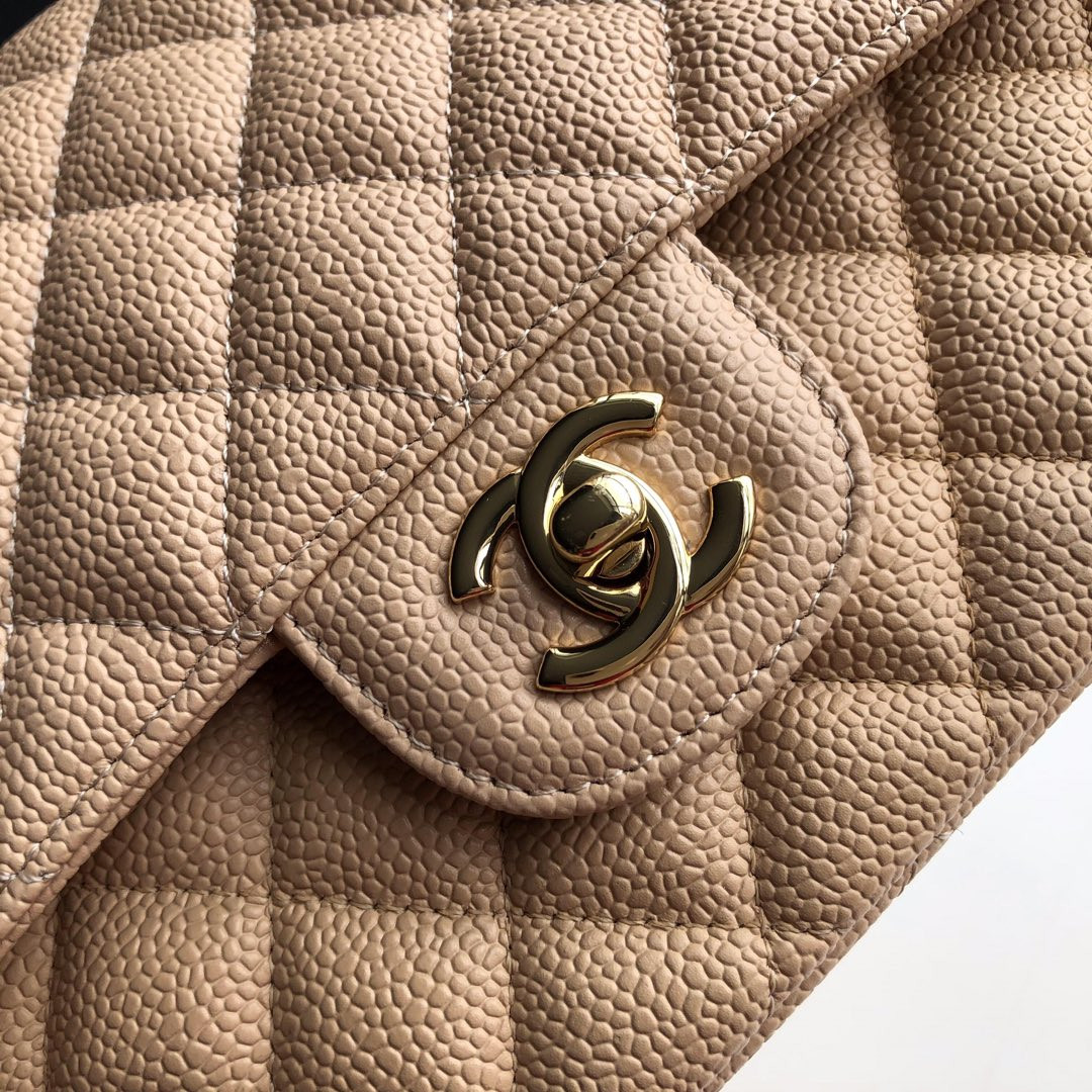 Ch**el CLASSIC HANDBAG GRAINED CALFSKIN & Gold-TONE METAL COFFEE 6 × 9.9 × 2.5 in