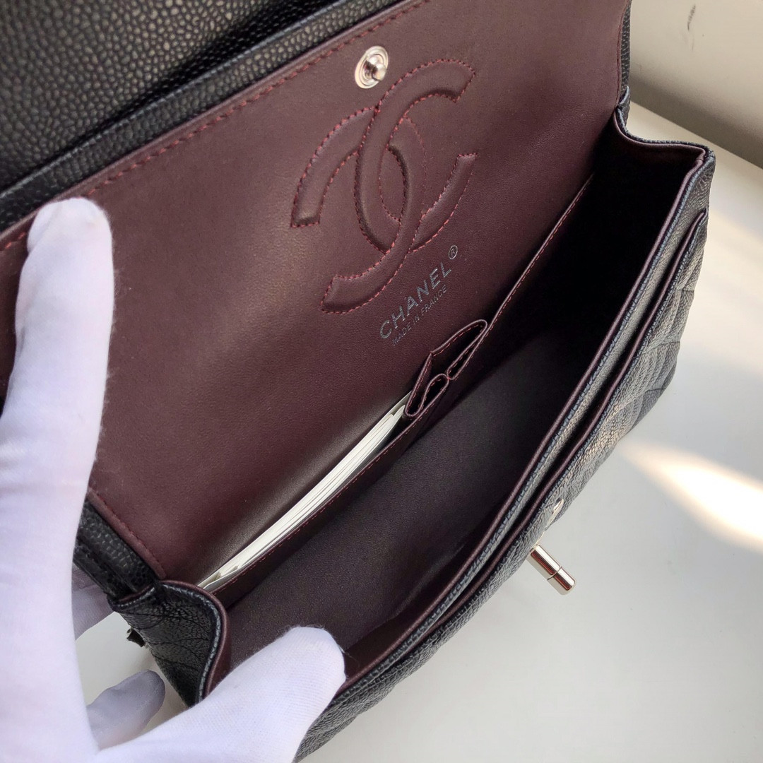 Ch**el CLASSIC HANDBAG GRAINED CALFSKIN & SILVER-TONE METAL black 6 × 9.9 × 2.5 in