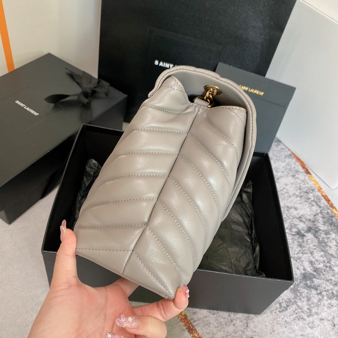 Y51 LOULOU MEDIUM IN QUILTED LEATHER GREYISH BROWN 12.5 X 8.6 X 3.5 INCHES