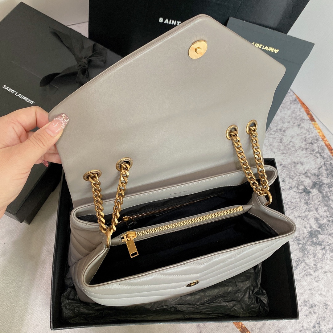 Y51 LOULOU MEDIUM IN QUILTED LEATHER GREYISH BROWN 12.5 X 8.6 X 3.5 INCHES