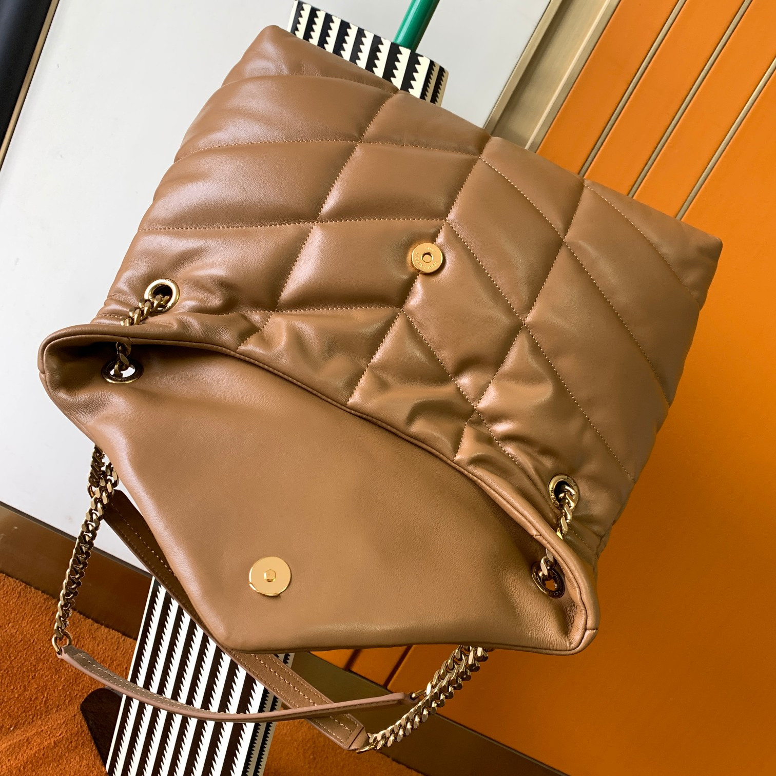 Y51 PUFFER MEDIUM IN NAPPA LEATHER BROWN 13.7 X 9 X 5.3 INCHES