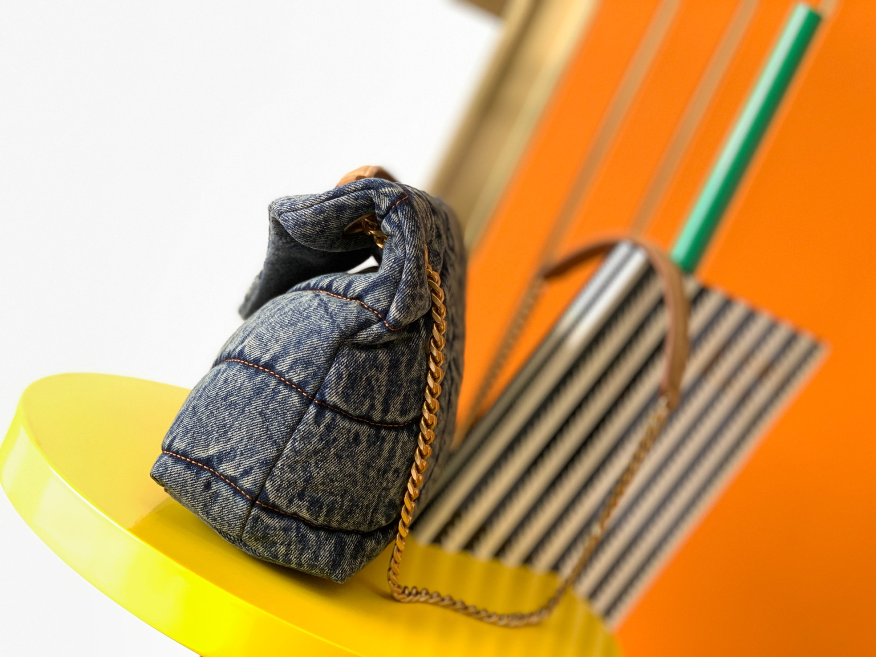 Y51 PUFFER SMALL IN SUEDE AND DENIM RODEO BLUE 11.4 X 6.6 X 4.3 INCHES