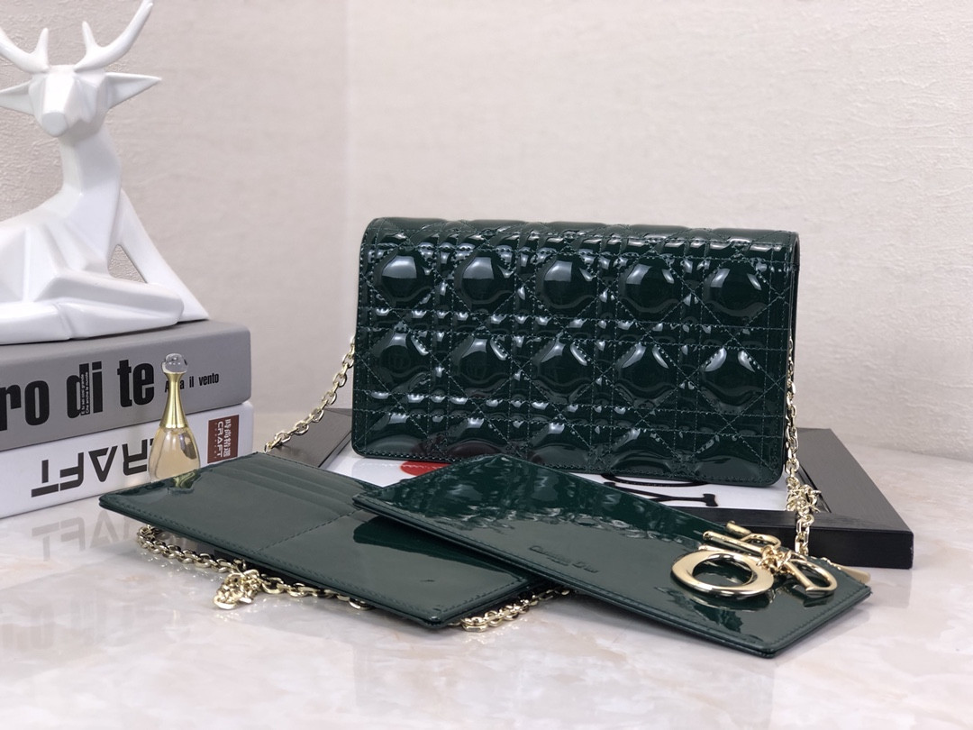 Lady D10r Pouch Dark Green Patent Cannage Calfskin 8.5 x 4.5 x 1 inches