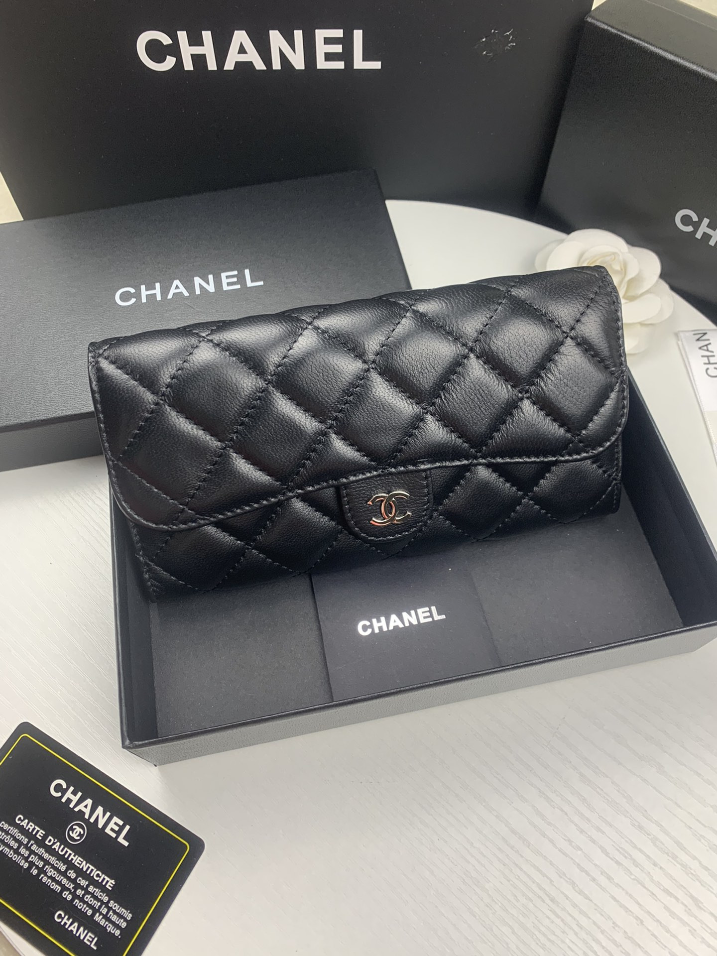 Ch**el FLAP WALLET BLACK SILVER 19.5 x10 cm