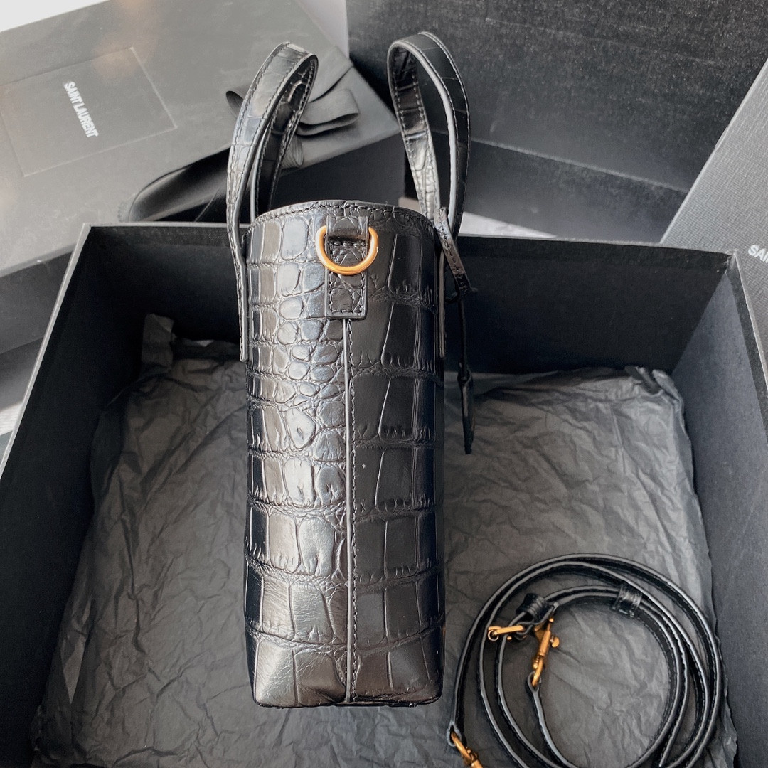 Y51 Sa1nt Lau*nt PARIS MINI TOY SHOPPING IN CROCODILE-EMBOSSED LEATHER BLACK 7.1 X 6.7 X 3.1 INCHES