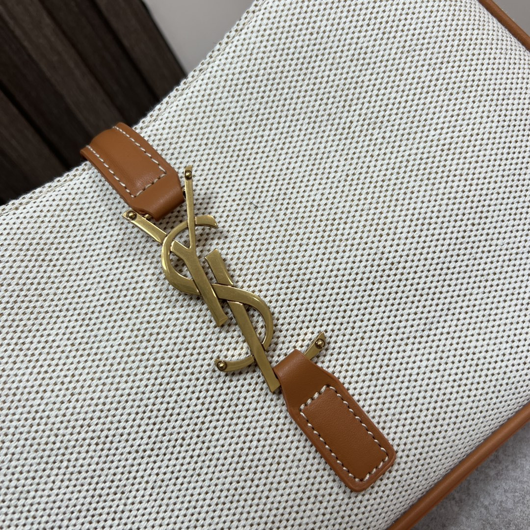 Y51 LE 5 À 7 IN CANVAS AND LEATHER GREGE AND BRICK 9 X 6.3 X 2.5 INCHES